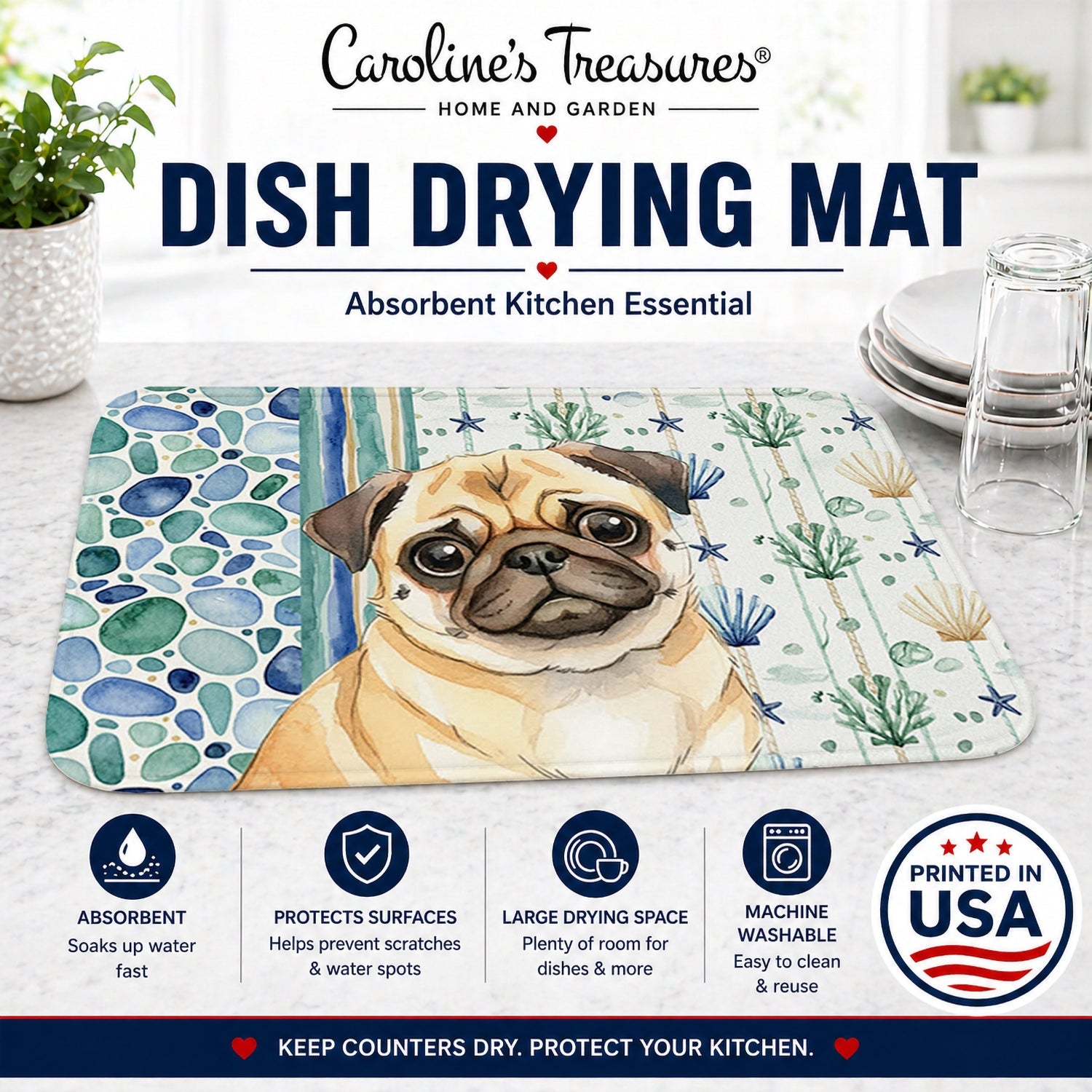 Fawn Pug Coastal Sea Glass Dish Drying Mat Absorbent Dish Drying Mat Pad for Kitchen Counter Dish Drainer Mat for Countertop, 14 x 21", Multicolor
