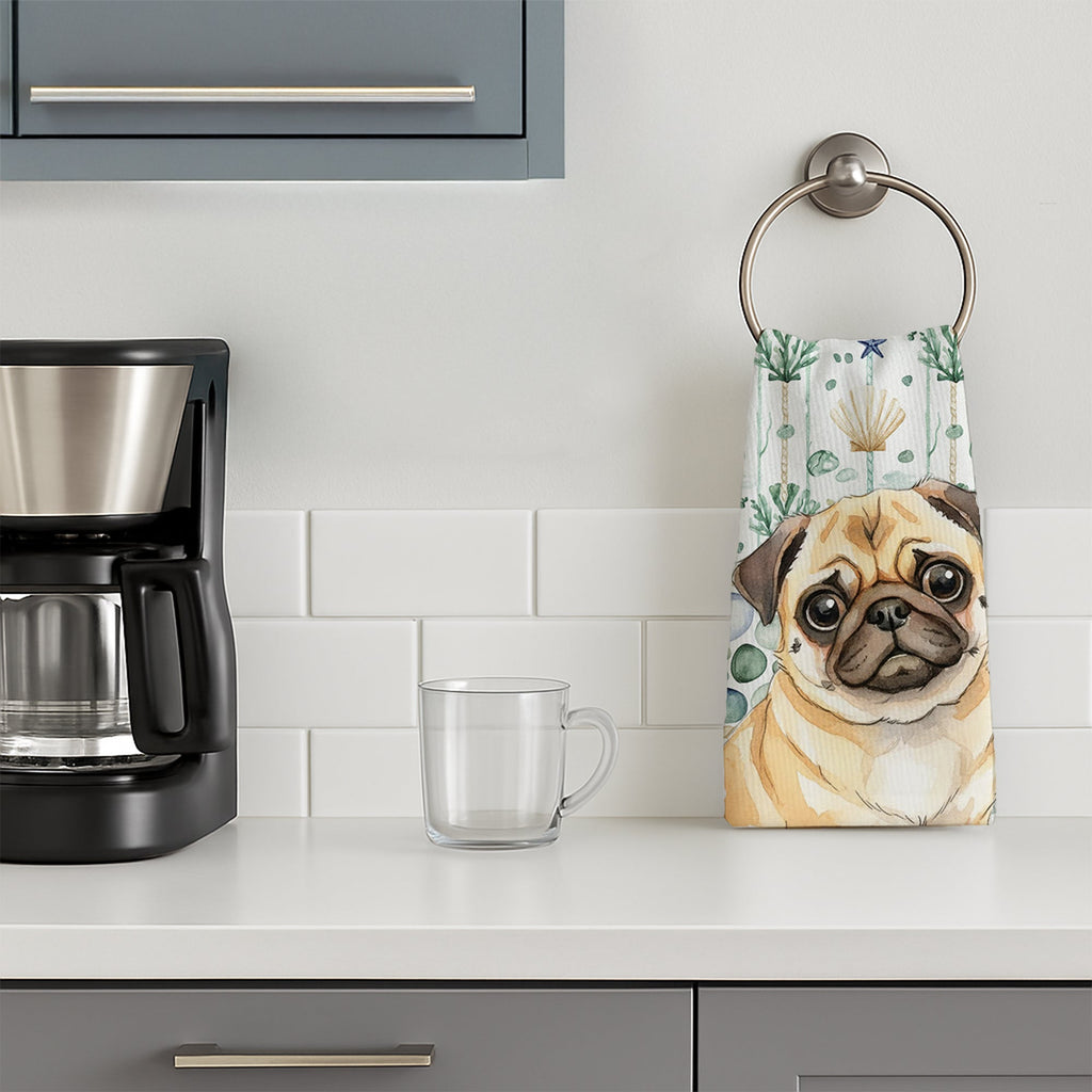Fawn Pug Coastal Sea Glass Kitchen Towel Velour Plush Front and Cotton Loop Back Machine Washable