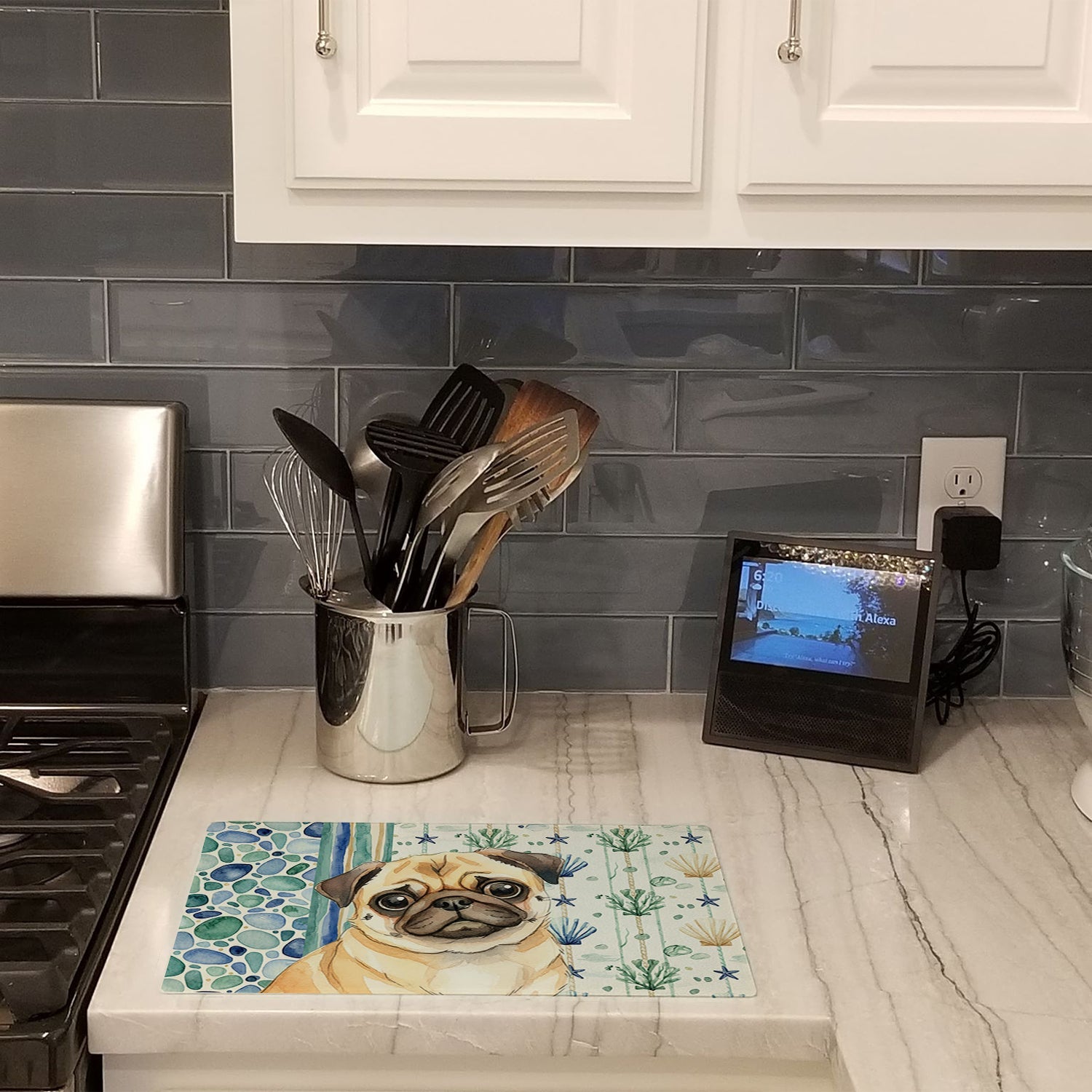Fawn Pug Coastal Sea Glass Cutting Board Tempered Glass Kitchen Cutting Surface, Heat Resistant Chopping, Non-Slip Feet, Food Prep & Serving