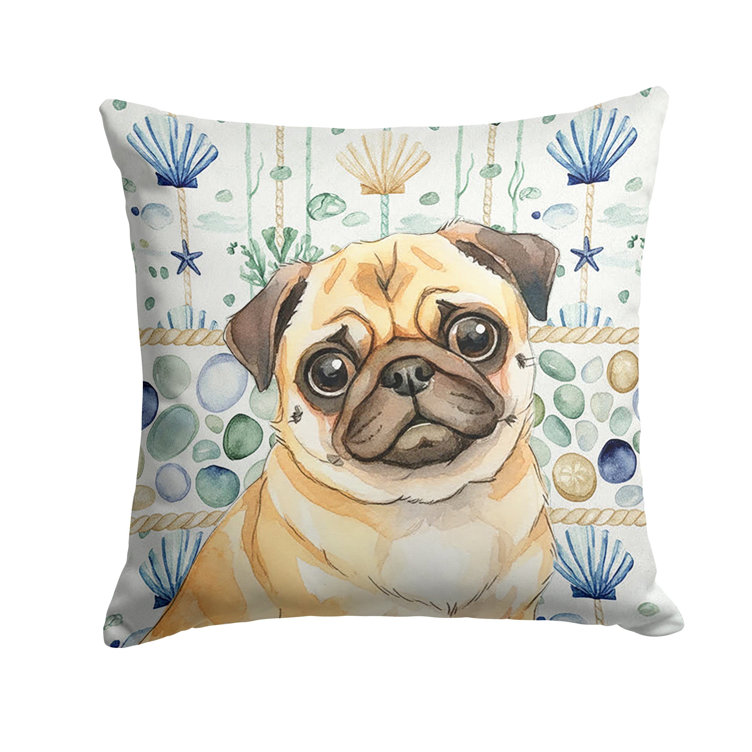 Fawn Pug Coastal Sea Glass Decorative Throw Pillow 14x14 Indoor Outdoor Accent Cushion, Fabric Cover with Insert for Sofa, Bed, Porch & Living Room