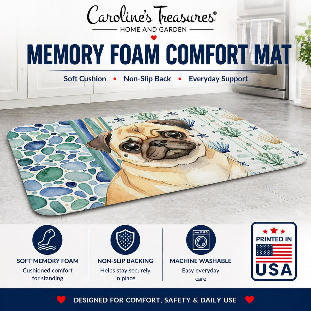 Fawn Pug Coastal Sea Glass Memory Foam Kitchen Mat Machine Washable Anti-Fatigue Cushion Comfort Bath or Kitchen Rug