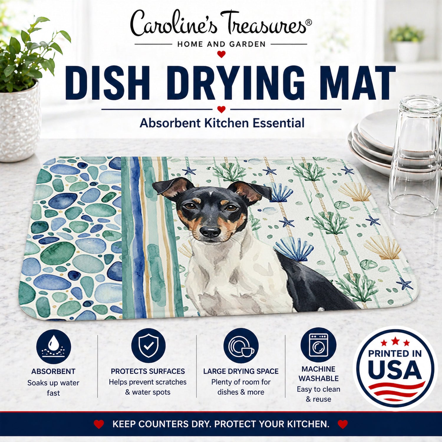Black and White Rat Terrier Coastal Sea Glass Dish Drying Mat Absorbent Dish Drying Mat Pad for Kitchen Counter Dish Drainer Mat for Countertop, 14 x 21", Multicolor