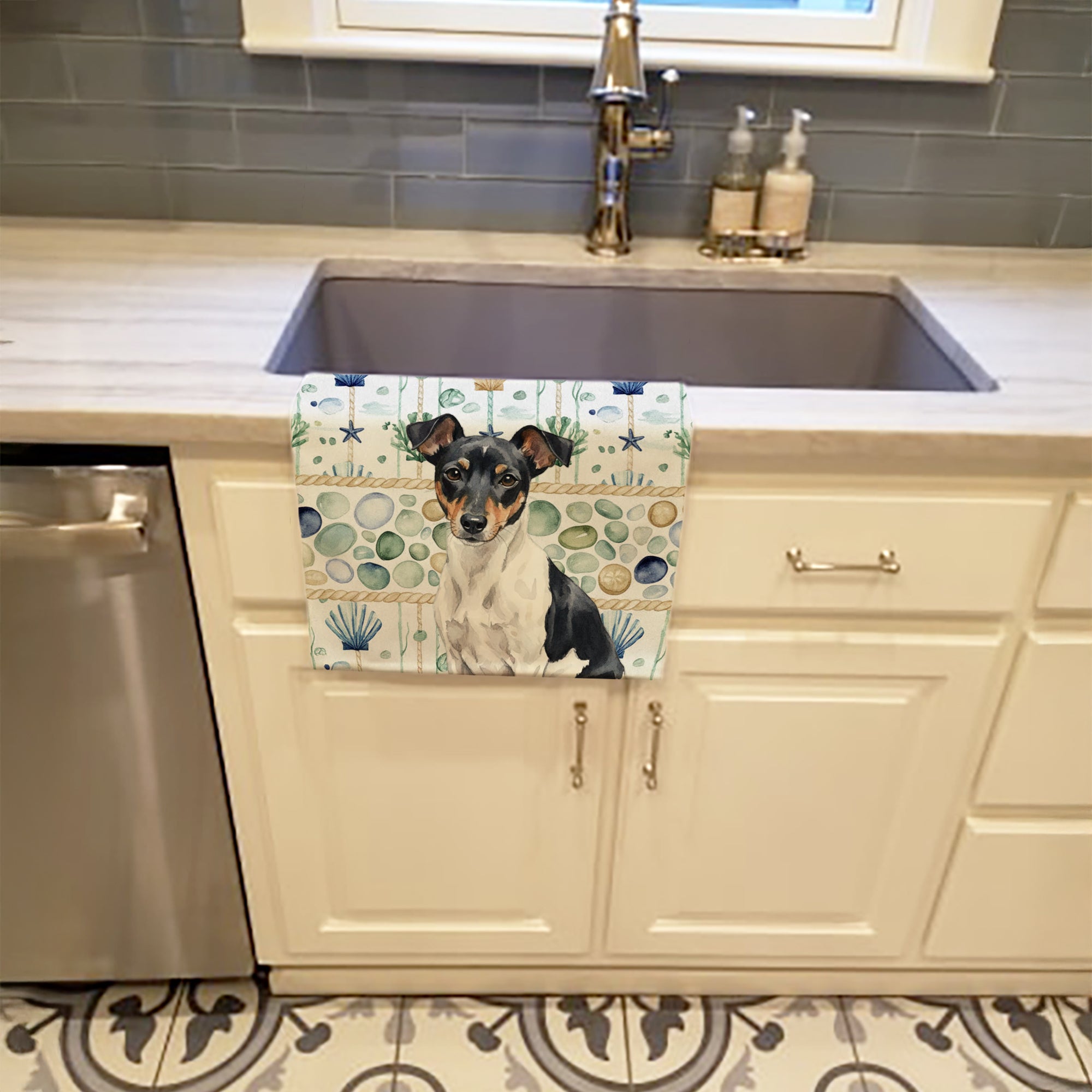 Black and White Rat Terrier Coastal Sea Glass Kitchen Towel Velour Plush Front and Cotton Loop Back Machine Washable