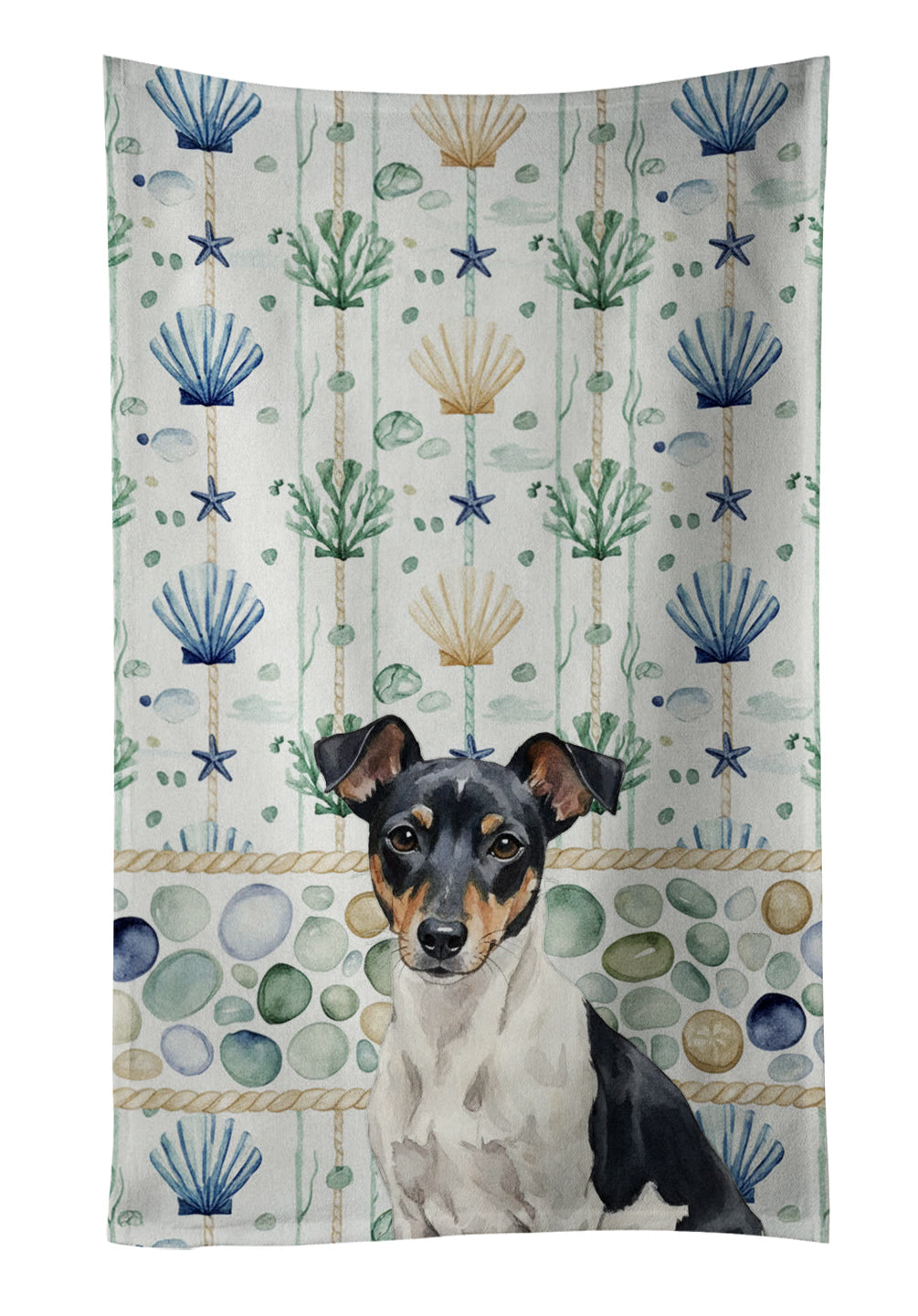 Black and White Rat Terrier Coastal Sea Glass Kitchen Towel Velour Plush Front and Cotton Loop Back Machine Washable