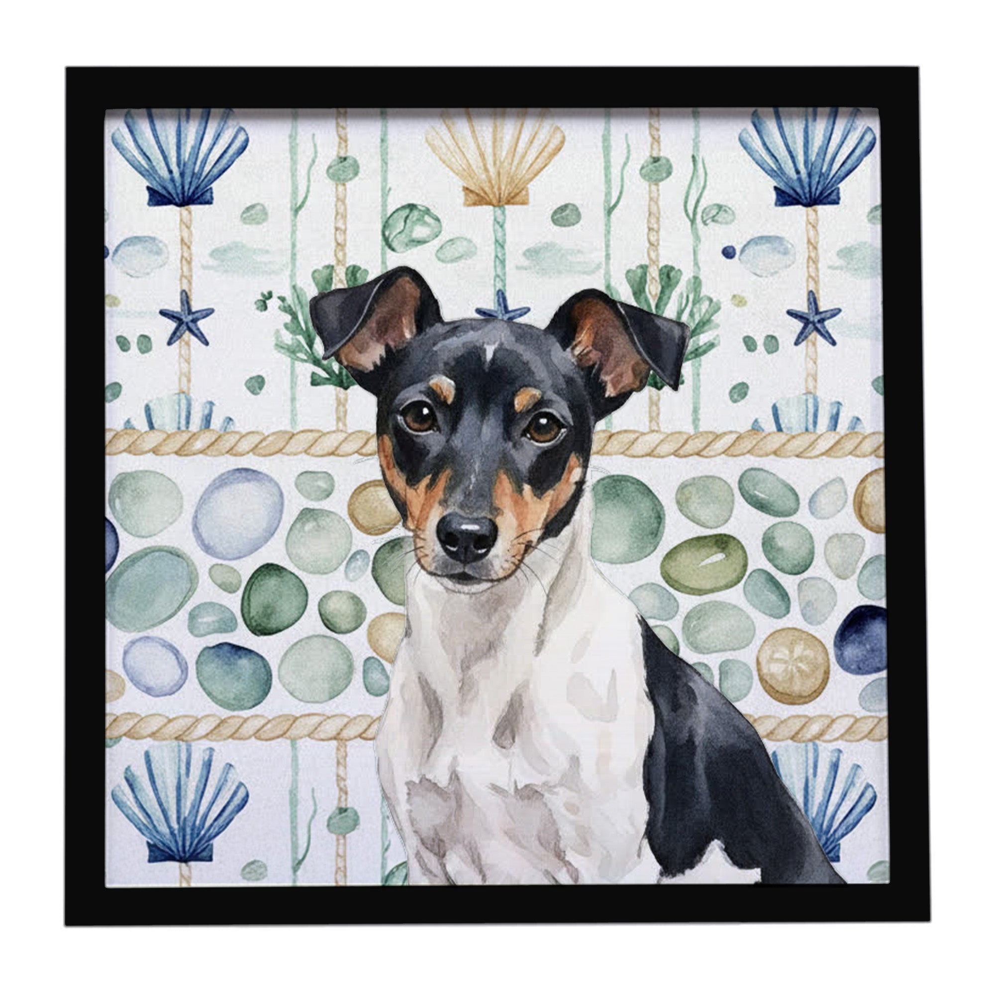 Black and White Rat Terrier Coastal Sea Glass Framed Metal Print Bathroom, Kitchen, Office, Home Decor Wall Art Ready to Hang, Square, 8X8