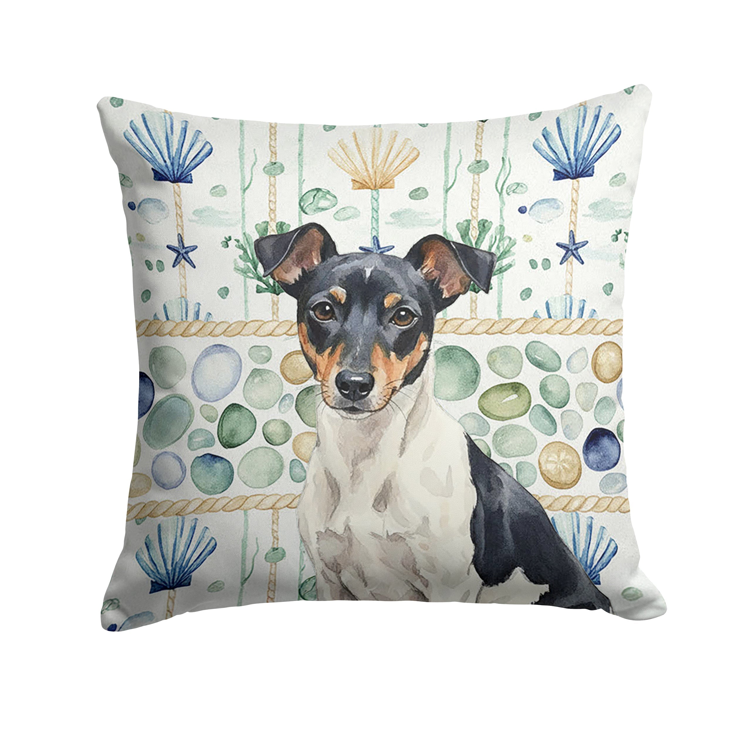 Black and White Rat Terrier Coastal Sea Glass Decorative Throw Pillow 14x14 Indoor Outdoor Accent Cushion, Fabric Cover with Insert for Sofa, Bed, Porch & Living Room