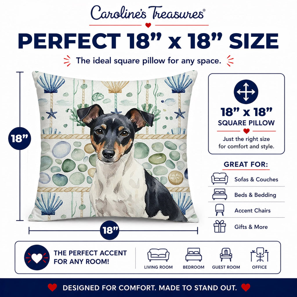 Black and White Rat Terrier Coastal Sea Glass Decorative Throw Pillow 18x18 Indoor Outdoor Accent Cushion, Fabric Cover with Insert for Sofa, Bed, Porch & Living Room