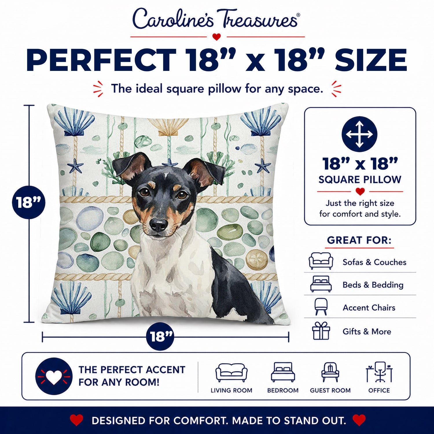 Black and White Rat Terrier Coastal Sea Glass Decorative Throw Pillow 18x18 Indoor Outdoor Accent Cushion, Fabric Cover with Insert for Sofa, Bed, Porch & Living Room