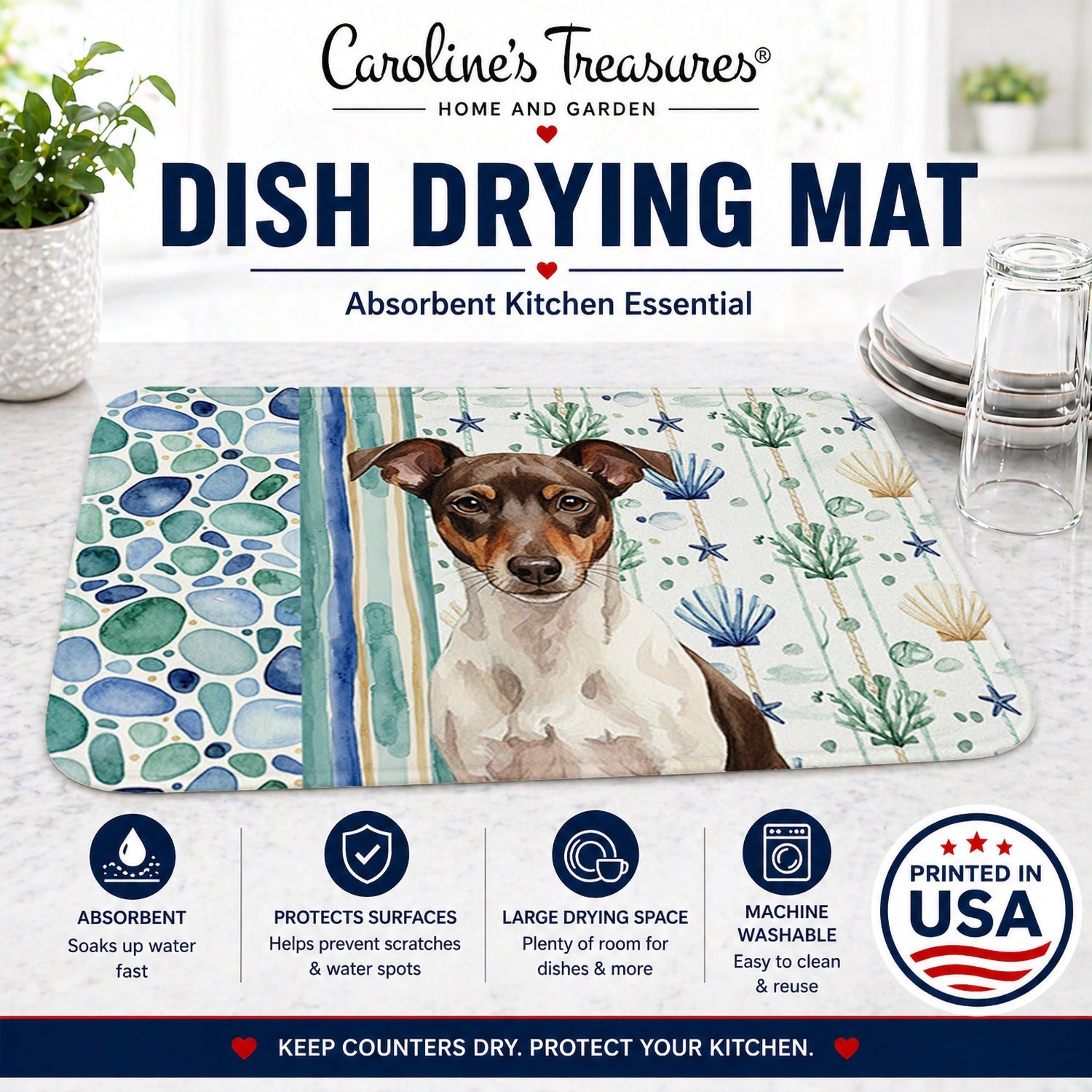 Chocolate and White Rat Terrier Coastal Sea Glass Dish Drying Mat Absorbent Dish Drying Mat Pad for Kitchen Counter Dish Drainer Mat for Countertop, 14 x 21", Multicolor