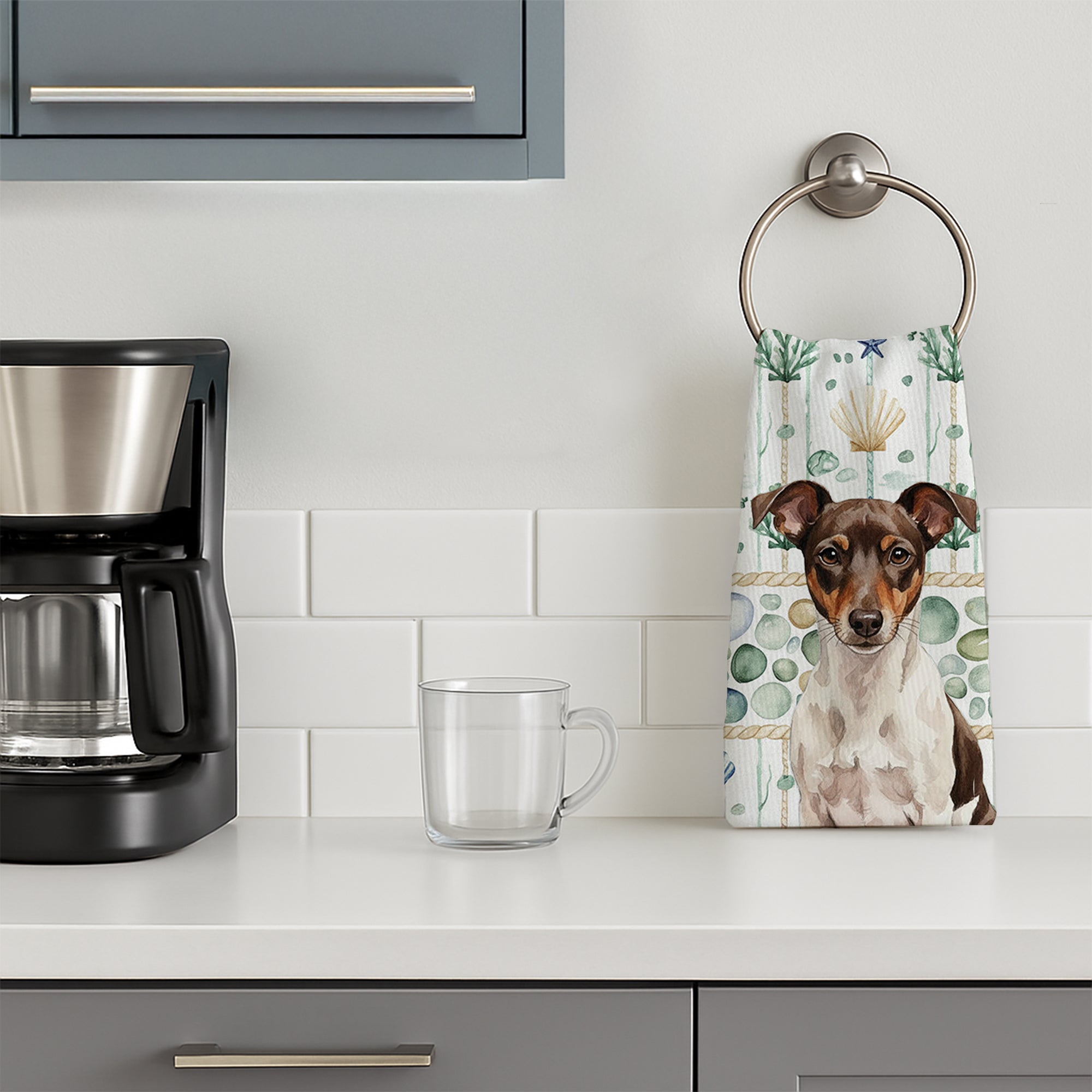 Chocolate and White Rat Terrier Coastal Sea Glass Kitchen Towel Velour Plush Front and Cotton Loop Back Machine Washable