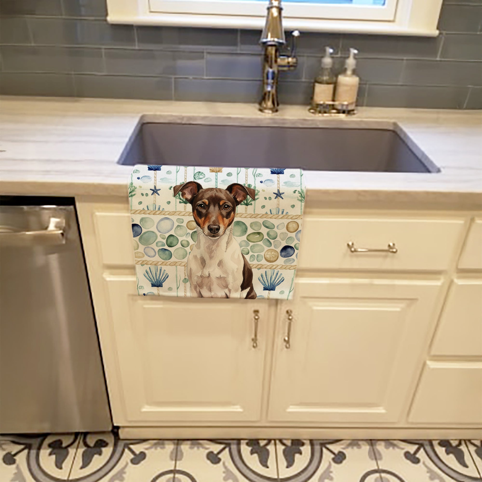 Chocolate and White Rat Terrier Coastal Sea Glass Kitchen Towel Velour Plush Front and Cotton Loop Back Machine Washable