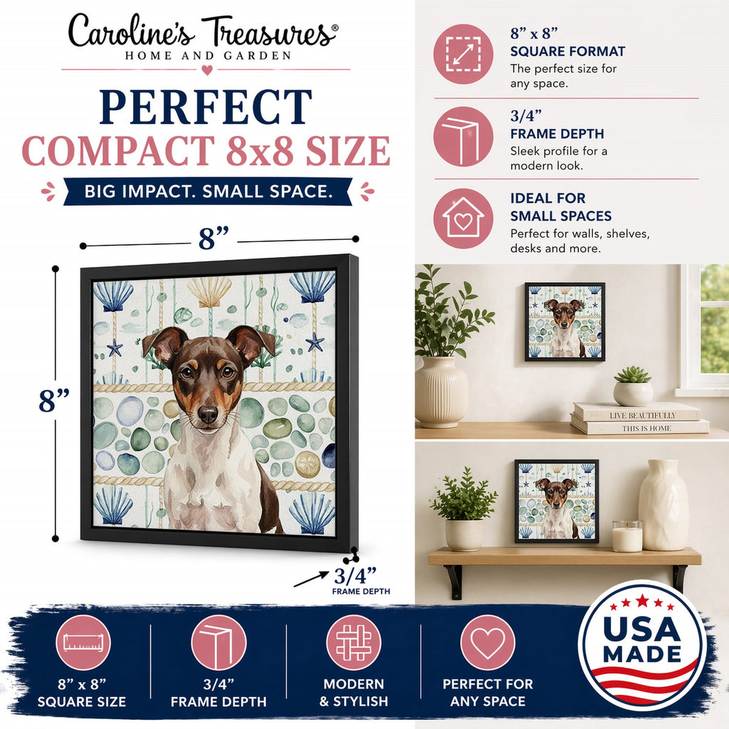 Chocolate and White Rat Terrier Coastal Sea Glass Framed Metal Print Bathroom, Kitchen, Office, Home Decor Wall Art Ready to Hang, Square, 8X8
