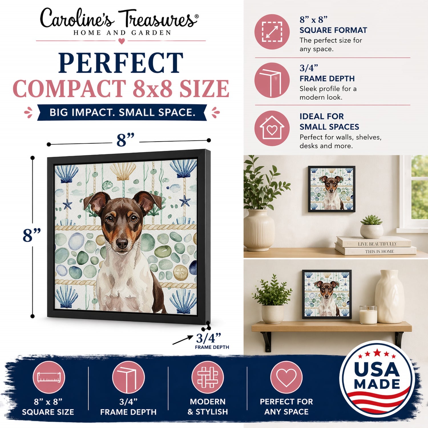 Chocolate and White Rat Terrier Coastal Sea Glass Framed Metal Print Bathroom, Kitchen, Office, Home Decor Wall Art Ready to Hang, Square, 8X8