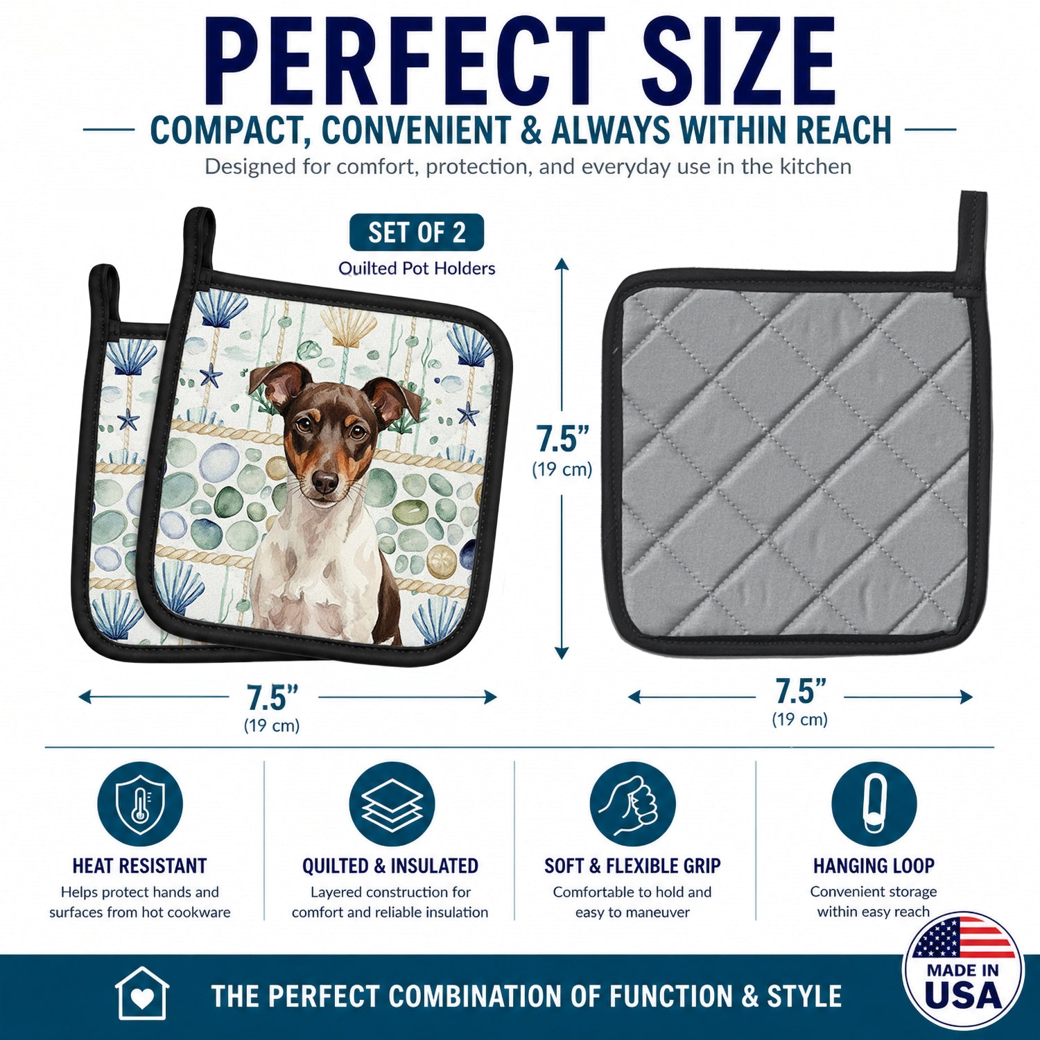 Chocolate and White Rat Terrier Coastal Sea Glass Pot Holder Set of 2 Heat Resistant Quilted Hot Pads 7.5 x 7.5 Inch, Insulated Kitchen Trivets for Cooking & Baking