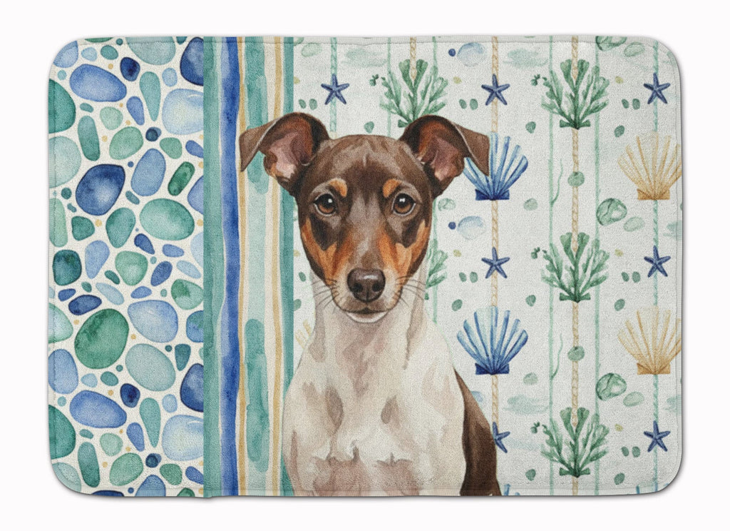 Chocolate and White Rat Terrier Coastal Sea Glass Memory Foam Kitchen Mat Machine Washable Anti-Fatigue Cushion Comfort Bath or Kitchen Rug