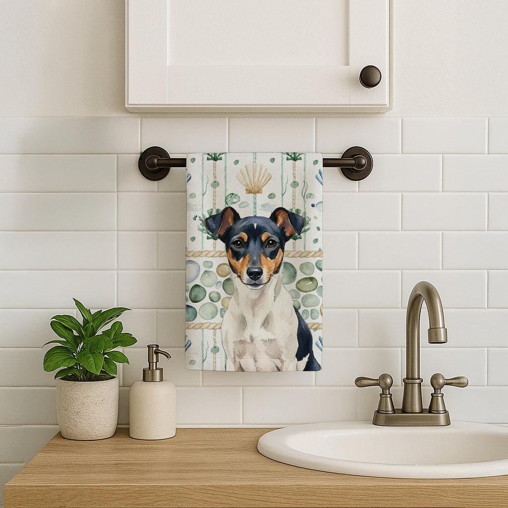Tricolor Rat Terrier Coastal Sea Glass Kitchen Towel Velour Plush Front and Cotton Loop Back Machine Washable