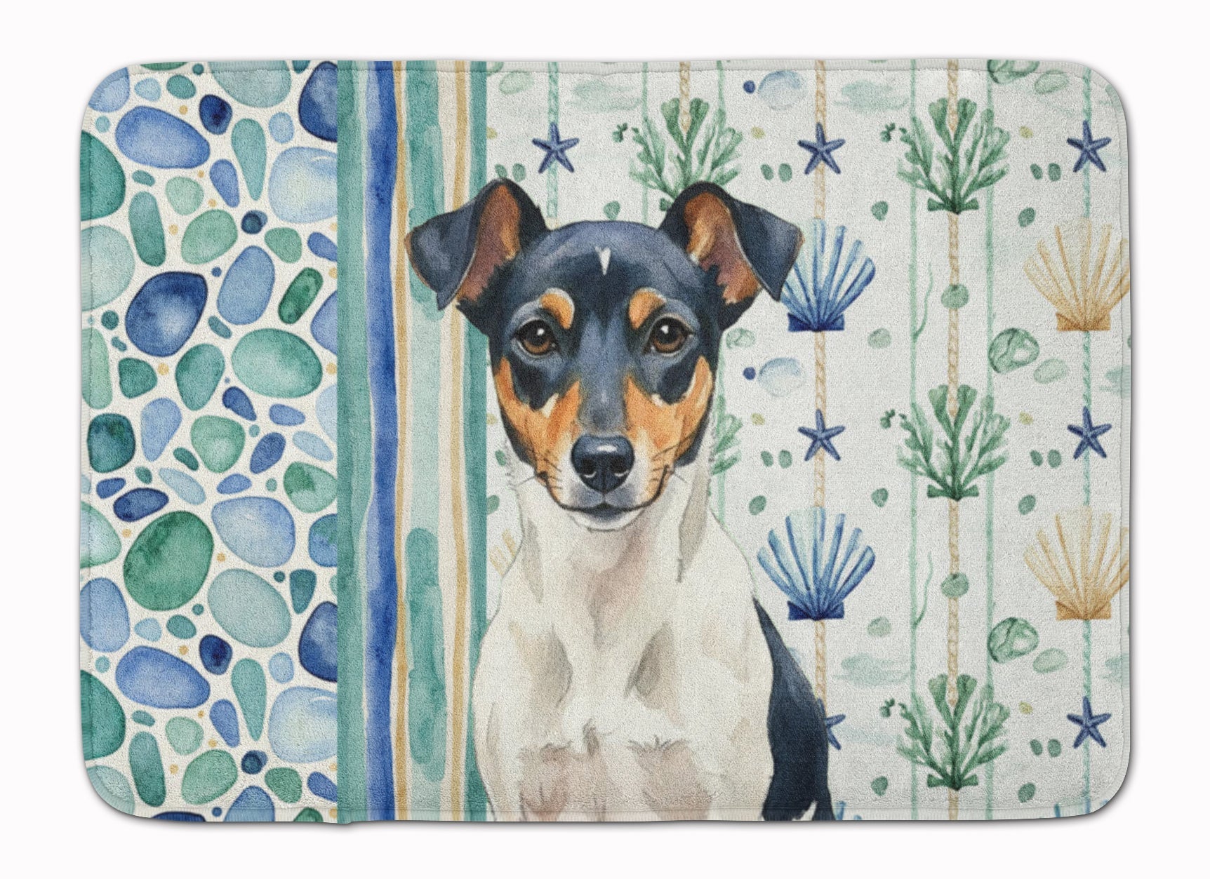 Tricolor Rat Terrier Coastal Sea Glass Memory Foam Kitchen Mat Machine Washable Anti-Fatigue Cushion Comfort Bath or Kitchen Rug