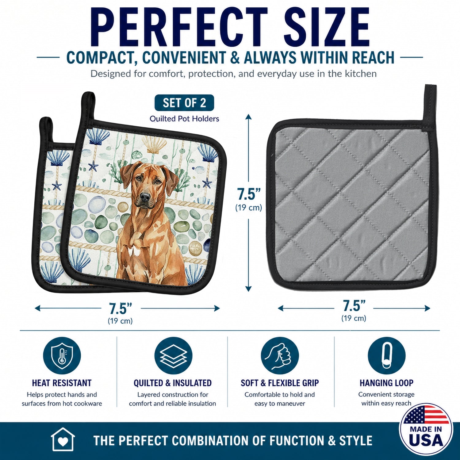 Rhodesian Ridgeback Coastal Sea Glass Pot Holder Set of 2 Heat Resistant Quilted Hot Pads 7.5 x 7.5 Inch, Insulated Kitchen Trivets for Cooking & Baking
