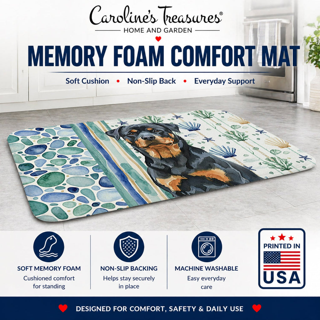 Rottweiler Coastal Sea Glass Memory Foam Kitchen Mat Machine Washable Anti-Fatigue Cushion Comfort Bath or Kitchen Rug