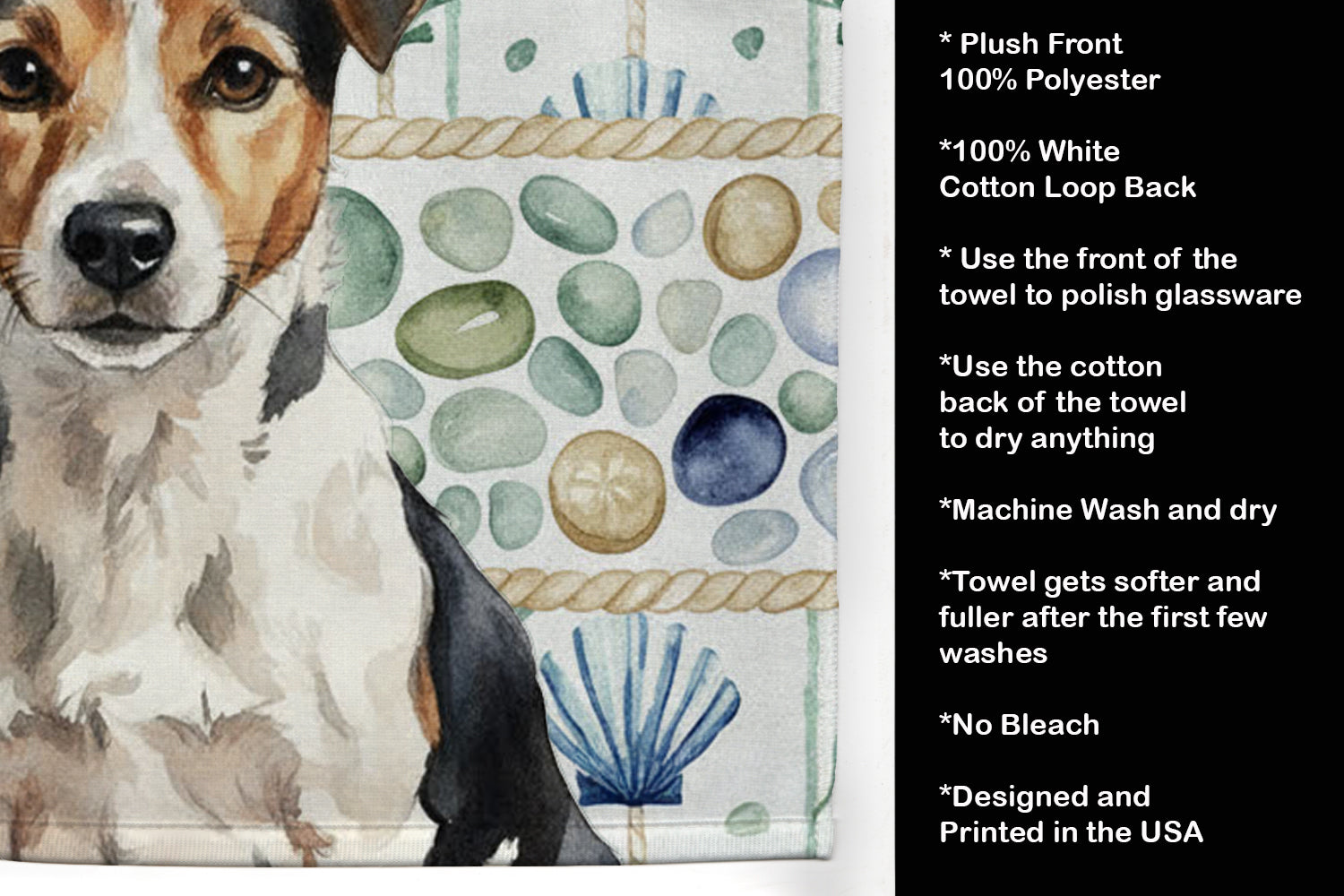 Tricolor Russell Terrier Coastal Sea Glass Kitchen Towel Velour Plush Front and Cotton Loop Back Machine Washable