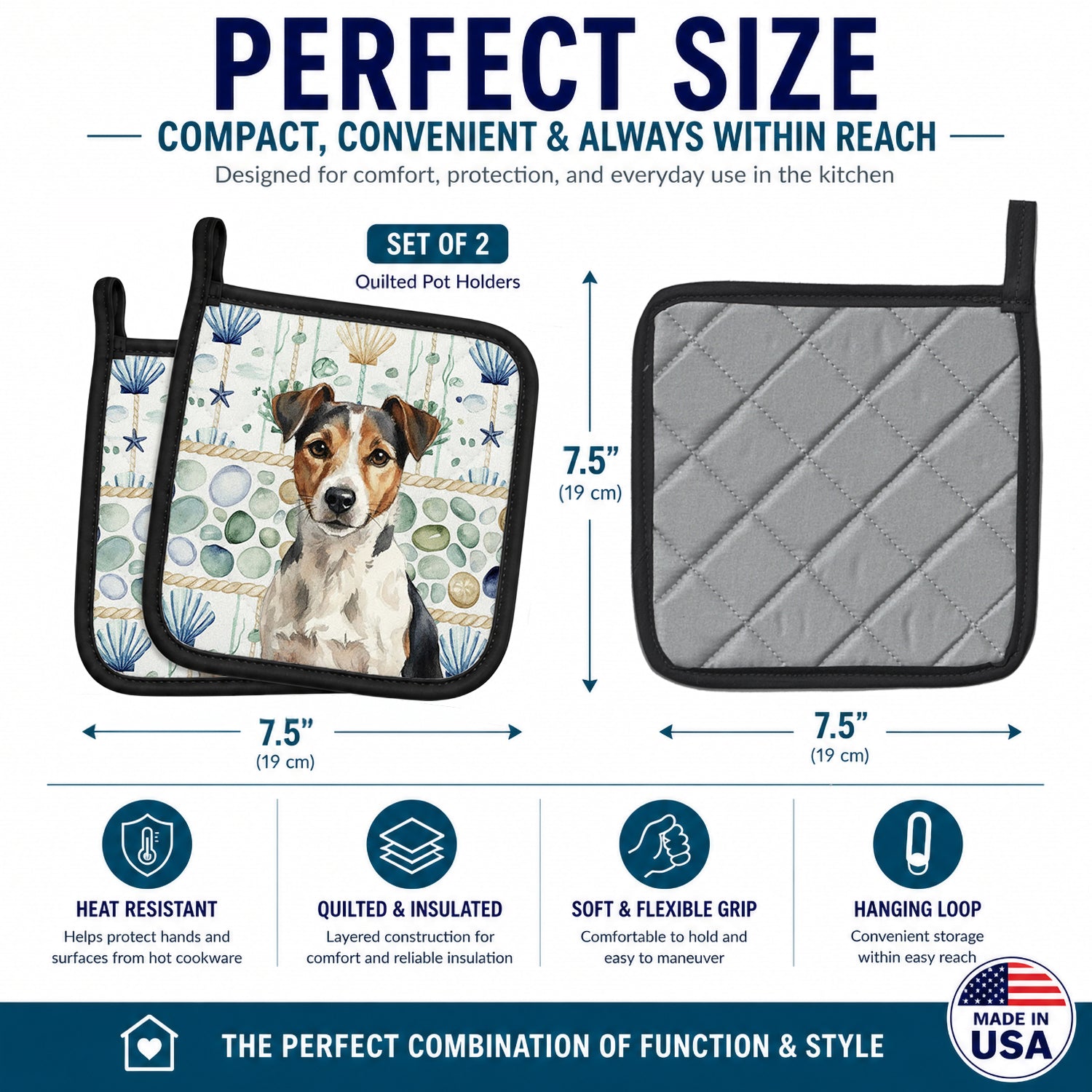 Tricolor Russell Terrier Coastal Sea Glass Pot Holder Set of 2 Heat Resistant Quilted Hot Pads 7.5 x 7.5 Inch, Insulated Kitchen Trivets for Cooking & Baking