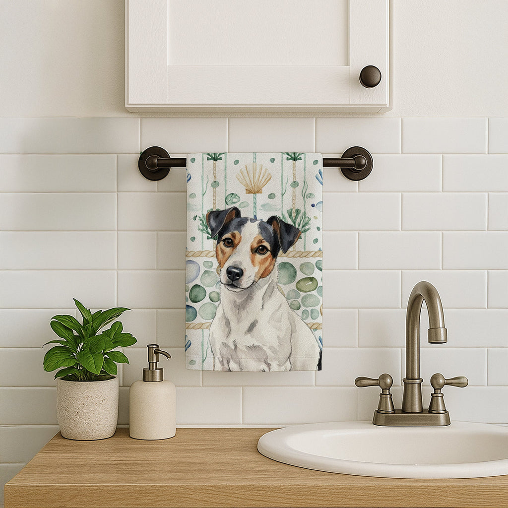 White with Black Markings Russell Terrier Coastal Sea Glass Kitchen Towel Velour Plush Front and Cotton Loop Back Machine Washable
