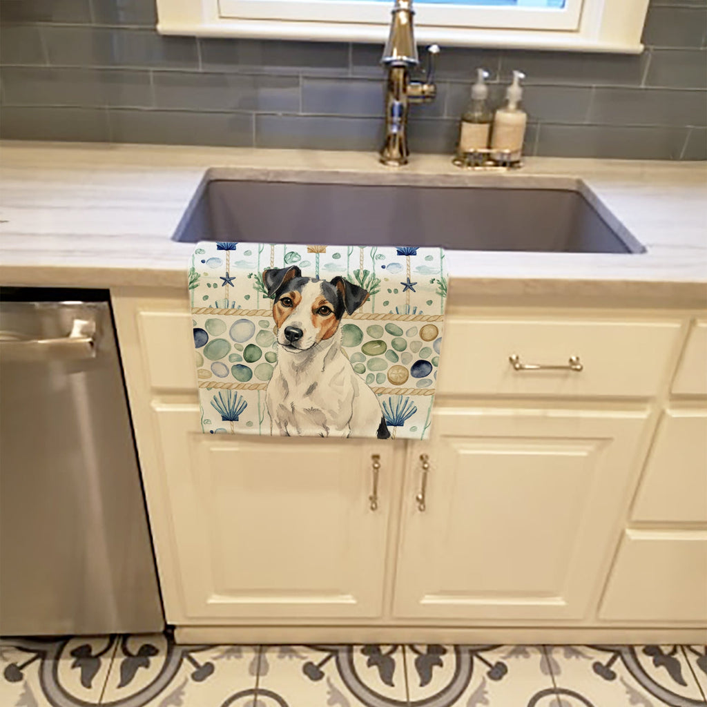 White with Black Markings Russell Terrier Coastal Sea Glass Kitchen Towel Velour Plush Front and Cotton Loop Back Machine Washable