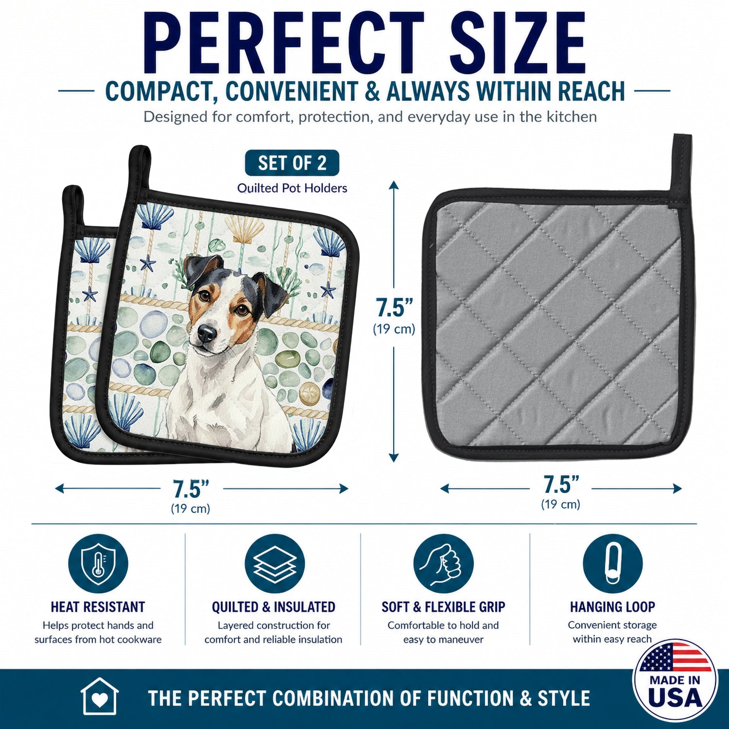 White with Black Markings Russell Terrier Coastal Sea Glass Pot Holder Set of 2 Heat Resistant Quilted Hot Pads 7.5 x 7.5 Inch, Insulated Kitchen Trivets for Cooking & Baking
