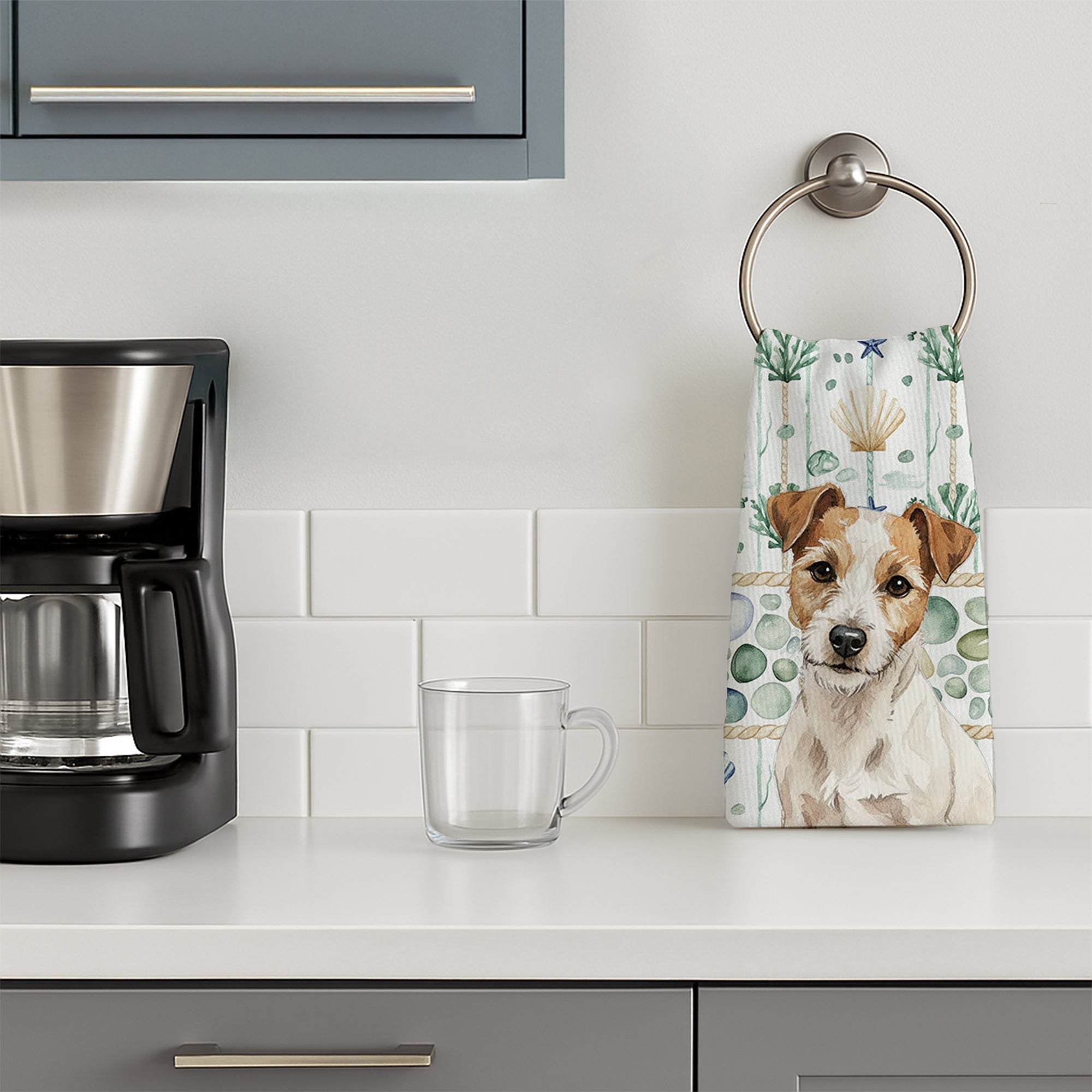 White with Tan Markings Russell Terrier Coastal Sea Glass Kitchen Towel Velour Plush Front and Cotton Loop Back Machine Washable