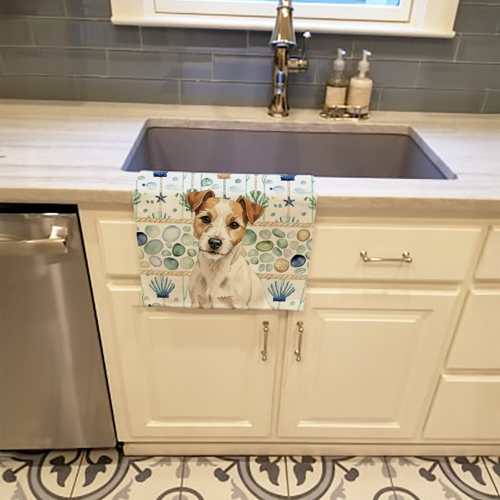 White with Tan Markings Russell Terrier Coastal Sea Glass Kitchen Towel Velour Plush Front and Cotton Loop Back Machine Washable