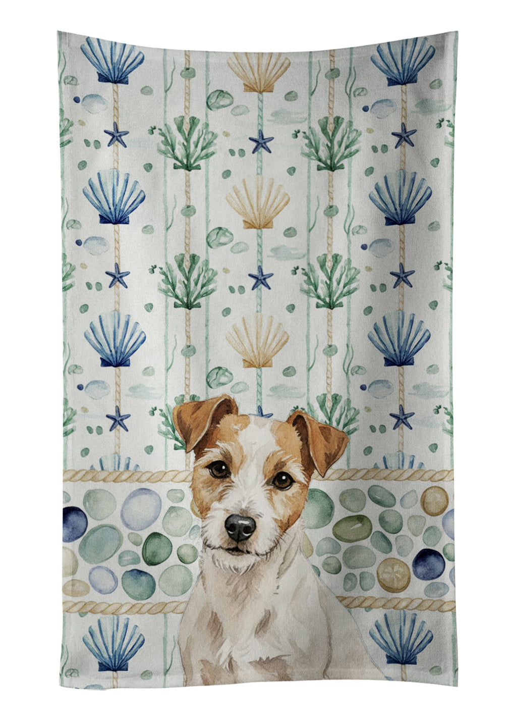 White with Tan Markings Russell Terrier Coastal Sea Glass Kitchen Towel Velour Plush Front and Cotton Loop Back Machine Washable