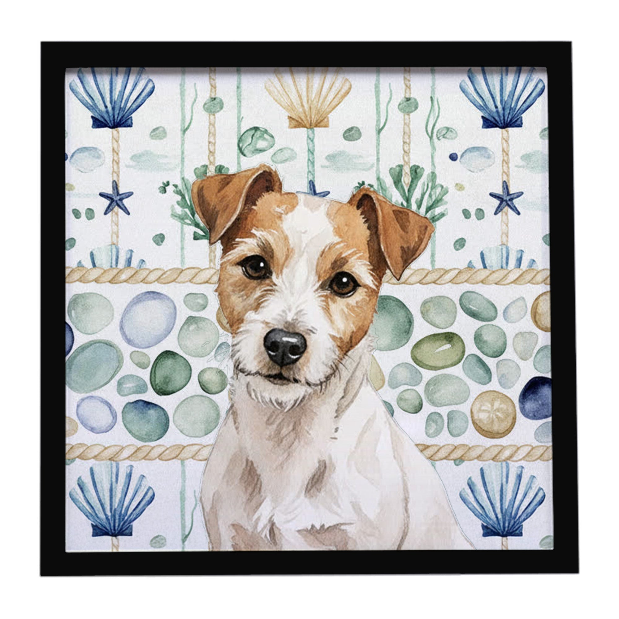 White with Tan Markings Russell Terrier Coastal Sea Glass Framed Metal Print Bathroom, Kitchen, Office, Home Decor Wall Art Ready to Hang, Square, 8X8