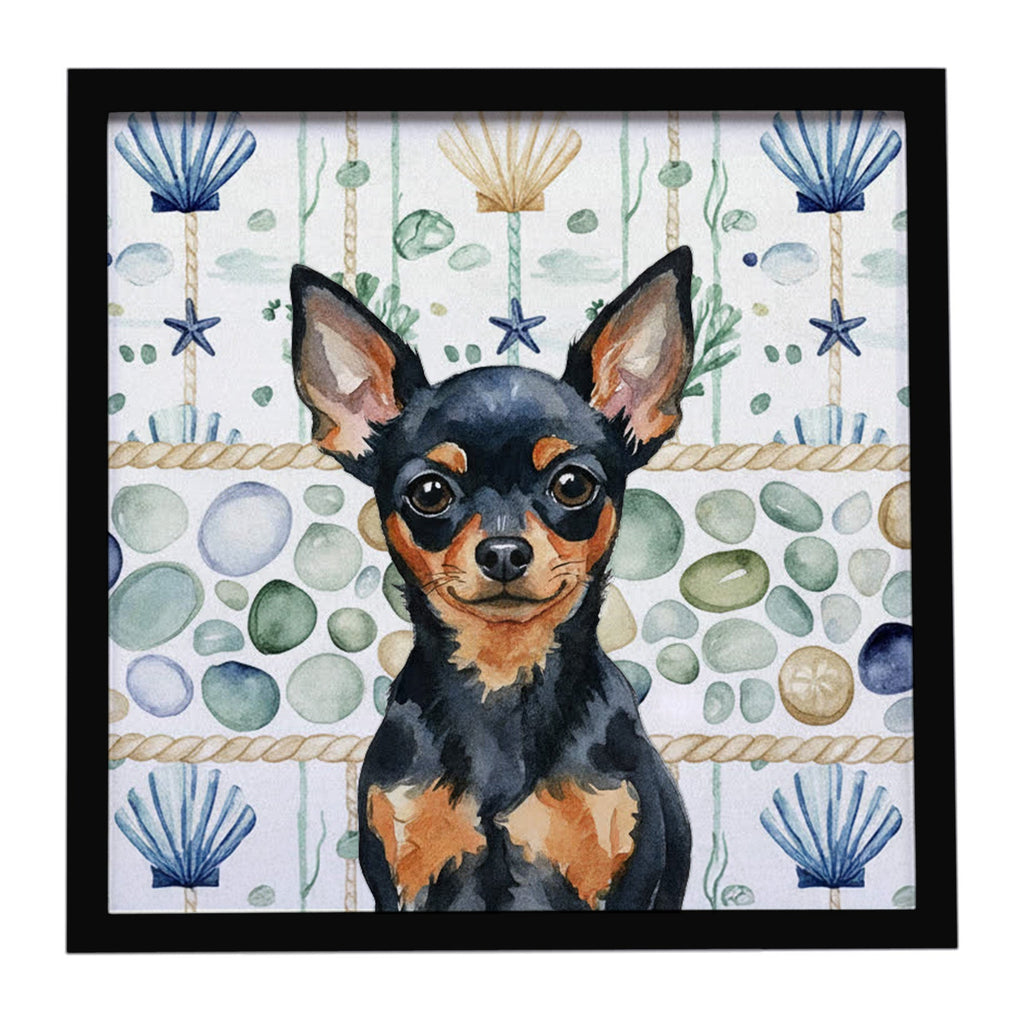 Black and Tan Russian Toy Coastal Sea Glass Framed Metal Print Bathroom, Kitchen, Office, Home Decor Wall Art Ready to Hang, Square, 8X8