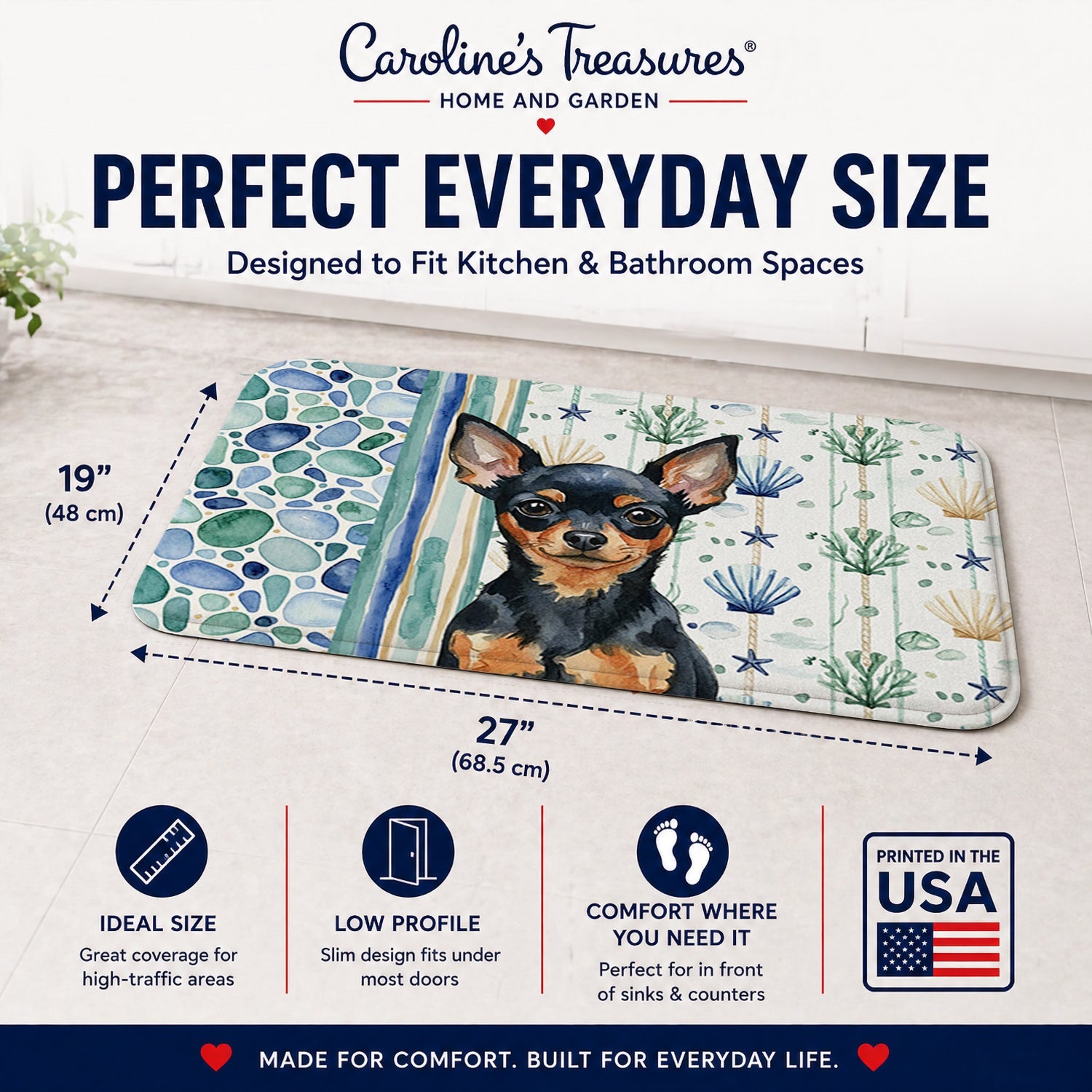 Black and Tan Russian Toy Coastal Sea Glass Memory Foam Kitchen Mat Machine Washable Anti-Fatigue Cushion Comfort Bath or Kitchen Rug
