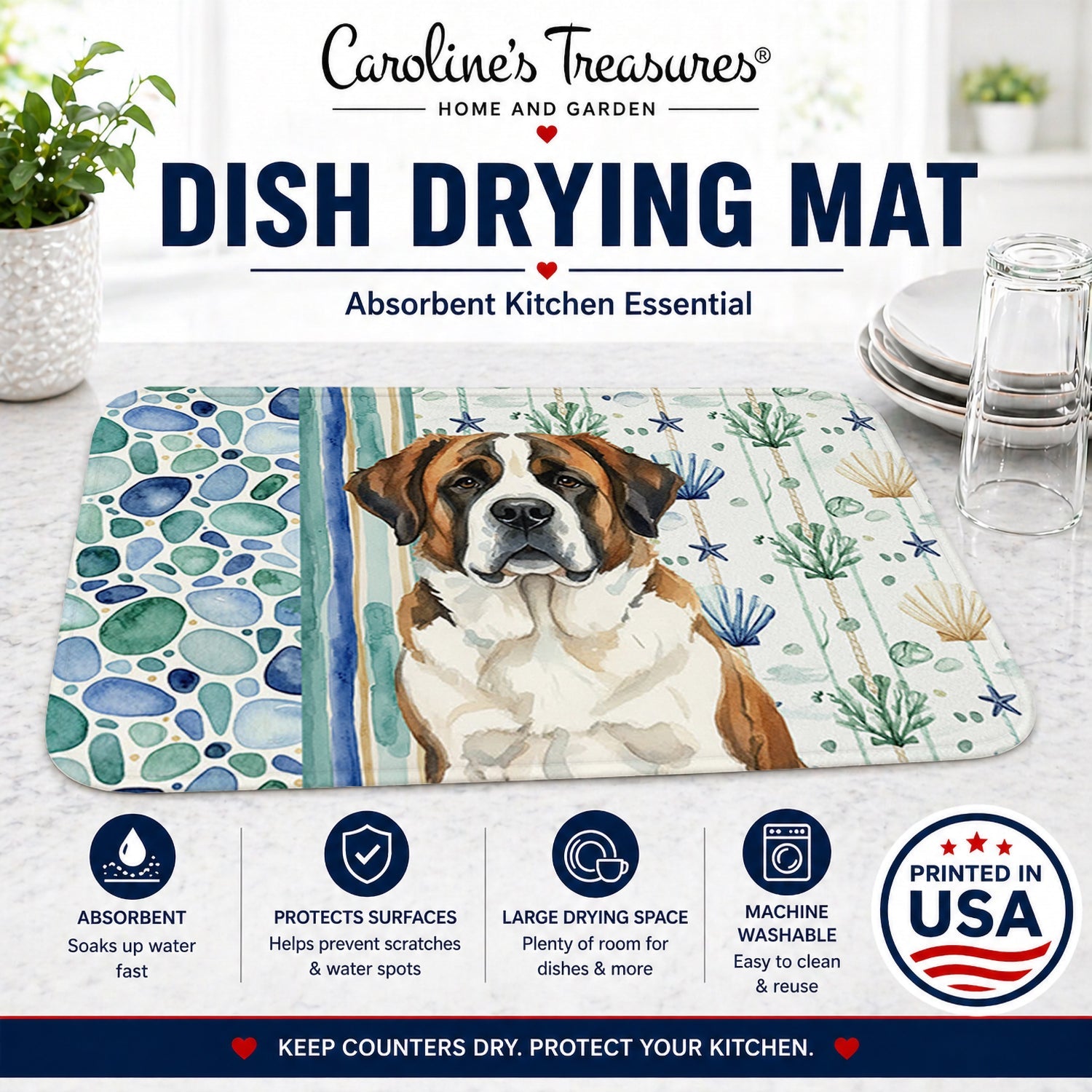 Brindle and White Saint Bernard Coastal Sea Glass Dish Drying Mat Absorbent Dish Drying Mat Pad for Kitchen Counter Dish Drainer Mat for Countertop, 14 x 21", Multicolor
