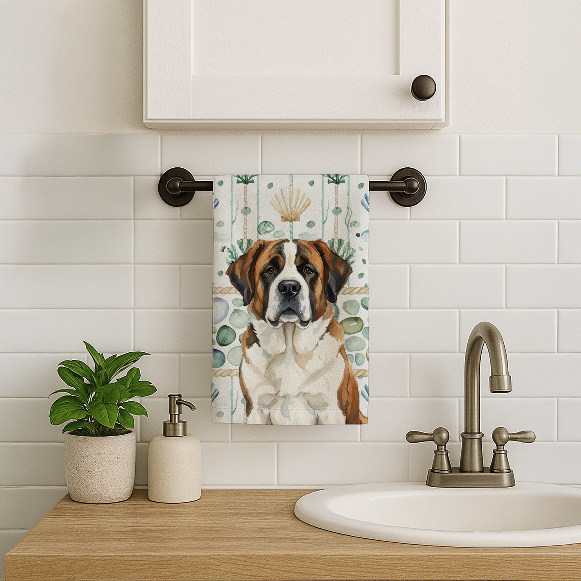 Brindle and White Saint Bernard Coastal Sea Glass Kitchen Towel Velour Plush Front and Cotton Loop Back Machine Washable