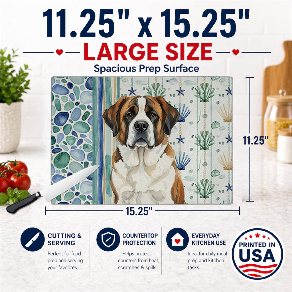 Brindle and White Saint Bernard Coastal Sea Glass Cutting Board Tempered Glass Kitchen Cutting Surface, Heat Resistant Chopping, Non-Slip Feet, Food Prep & Serving