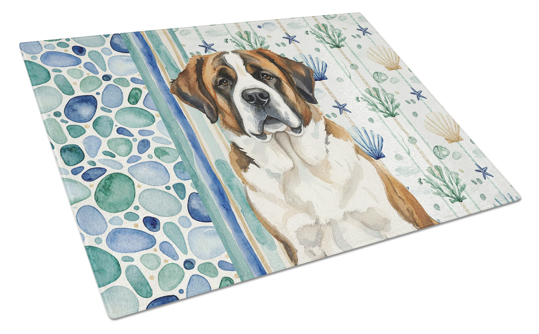 Brindle and White Saint Bernard Coastal Sea Glass Cutting Board Tempered Glass Kitchen Cutting Surface, Heat Resistant Chopping, Non-Slip Feet, Food Prep & Serving