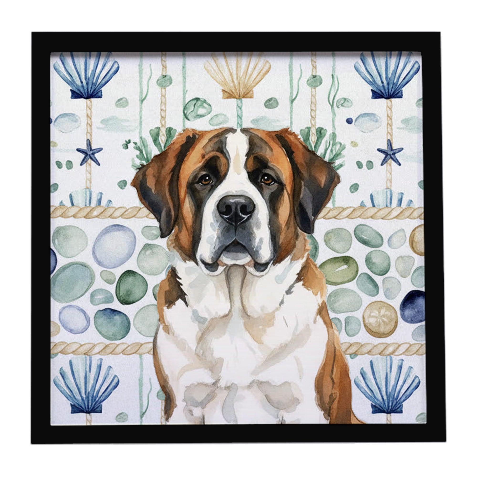 Brindle and White Saint Bernard Coastal Sea Glass Framed Metal Print Bathroom, Kitchen, Office, Home Decor Wall Art Ready to Hang, Square, 8X8