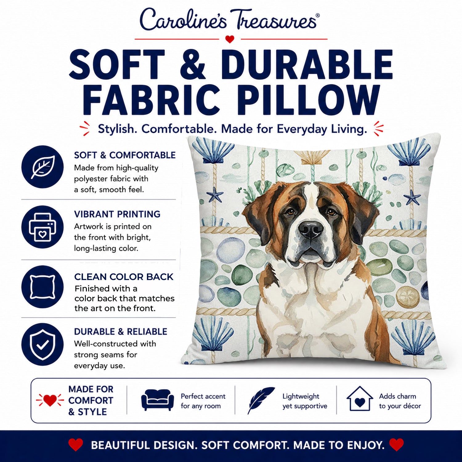 Brindle and White Saint Bernard Coastal Sea Glass Decorative Throw Pillow 14x14 Indoor Outdoor Accent Cushion, Fabric Cover with Insert for Sofa, Bed, Porch & Living Room