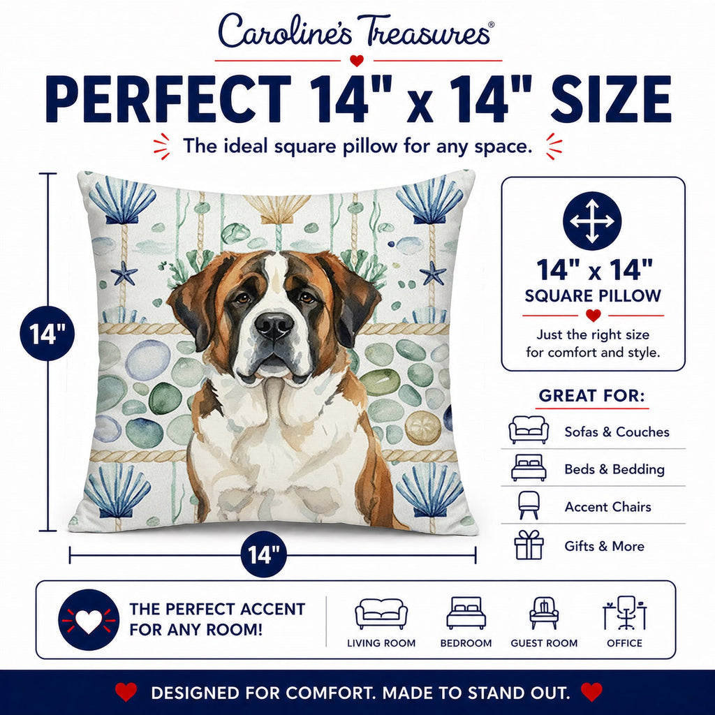 Brindle and White Saint Bernard Coastal Sea Glass Decorative Throw Pillow 14x14 Indoor Outdoor Accent Cushion, Fabric Cover with Insert for Sofa, Bed, Porch & Living Room