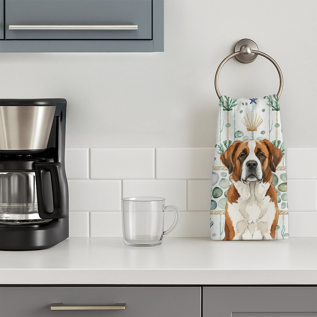 Brown and White Saint Bernard Coastal Sea Glass Kitchen Towel Velour Plush Front and Cotton Loop Back Machine Washable