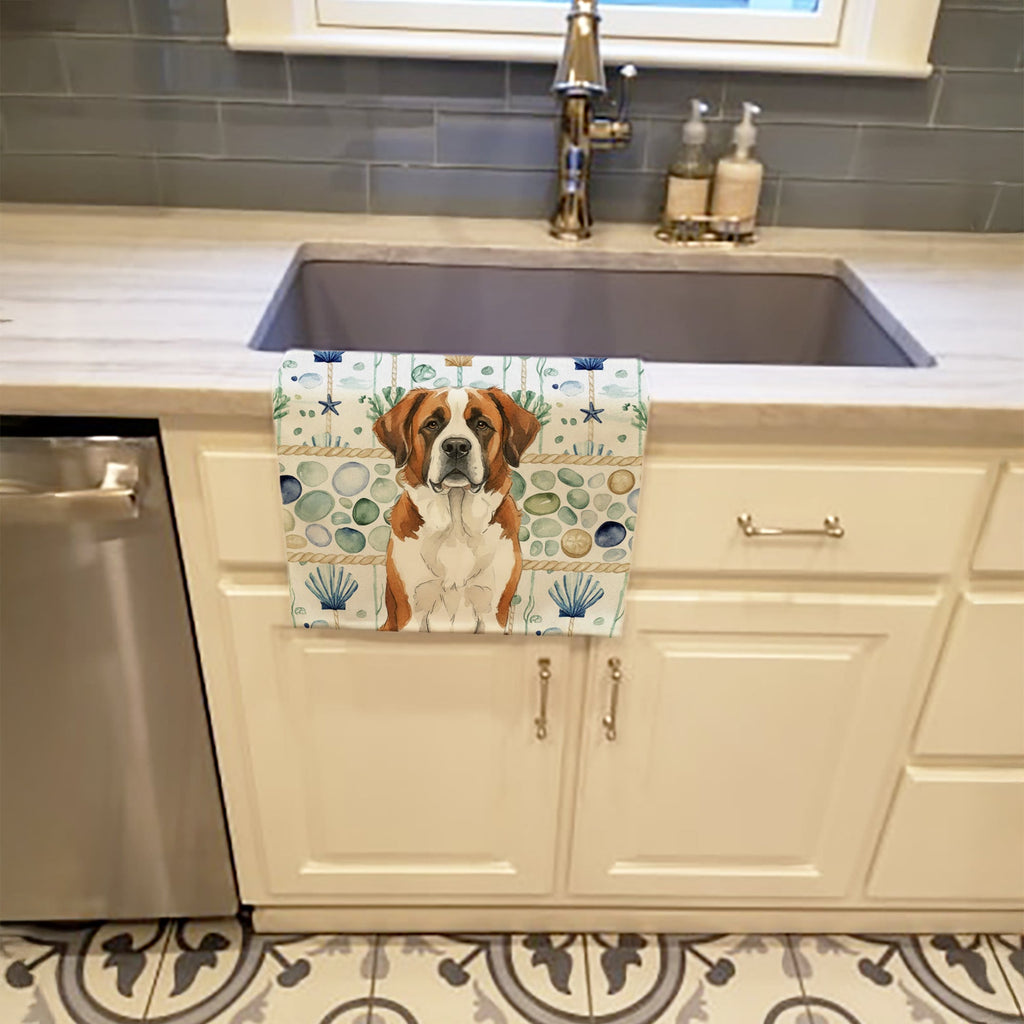 Brown and White Saint Bernard Coastal Sea Glass Kitchen Towel Velour Plush Front and Cotton Loop Back Machine Washable