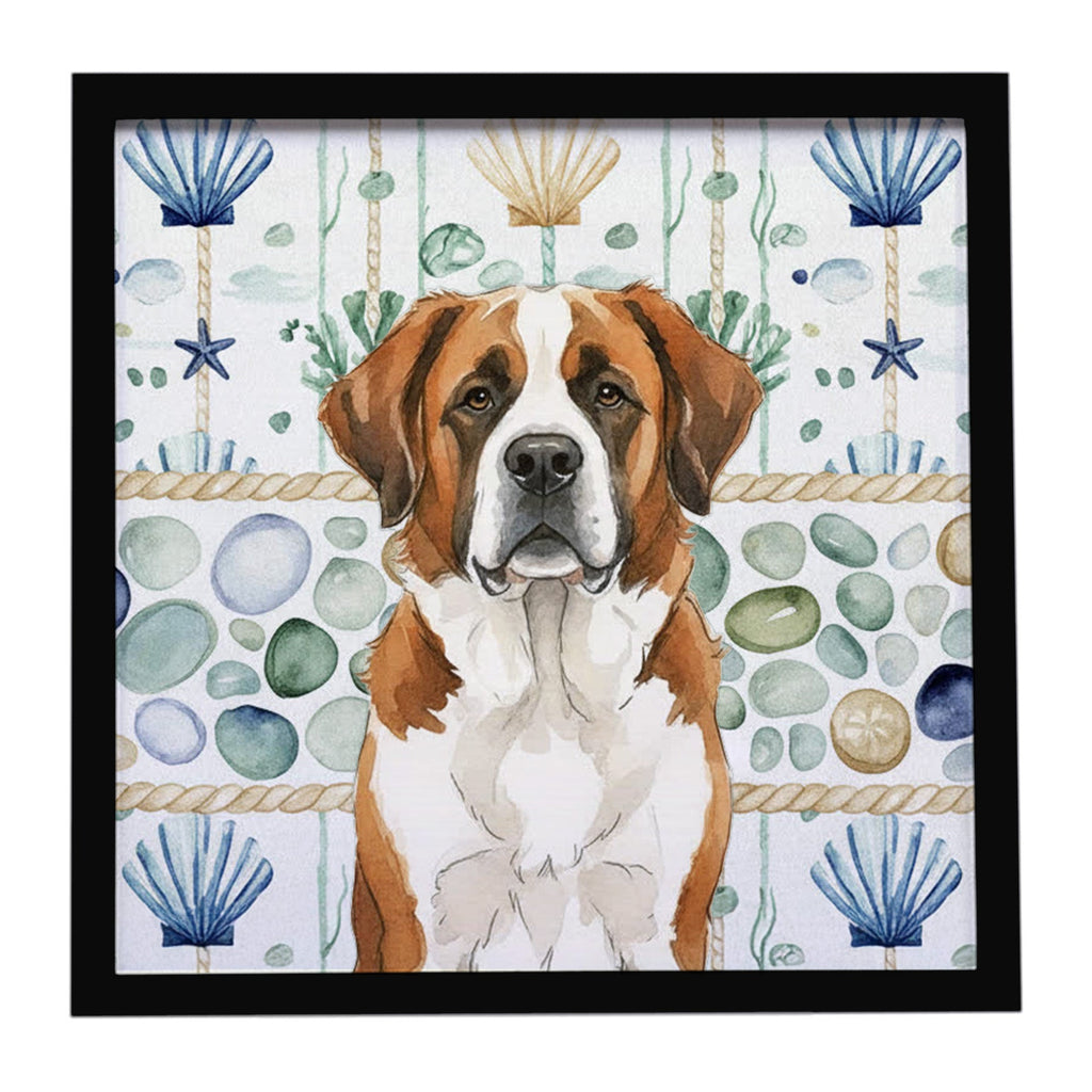 Brown and White Saint Bernard Coastal Sea Glass Framed Metal Print Bathroom, Kitchen, Office, Home Decor Wall Art Ready to Hang, Square, 8X8