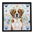 Brown and White Saint Bernard Coastal Sea Glass Framed Metal Print Bathroom, Kitchen, Office, Home Decor Wall Art Ready to Hang, Square, 8X8