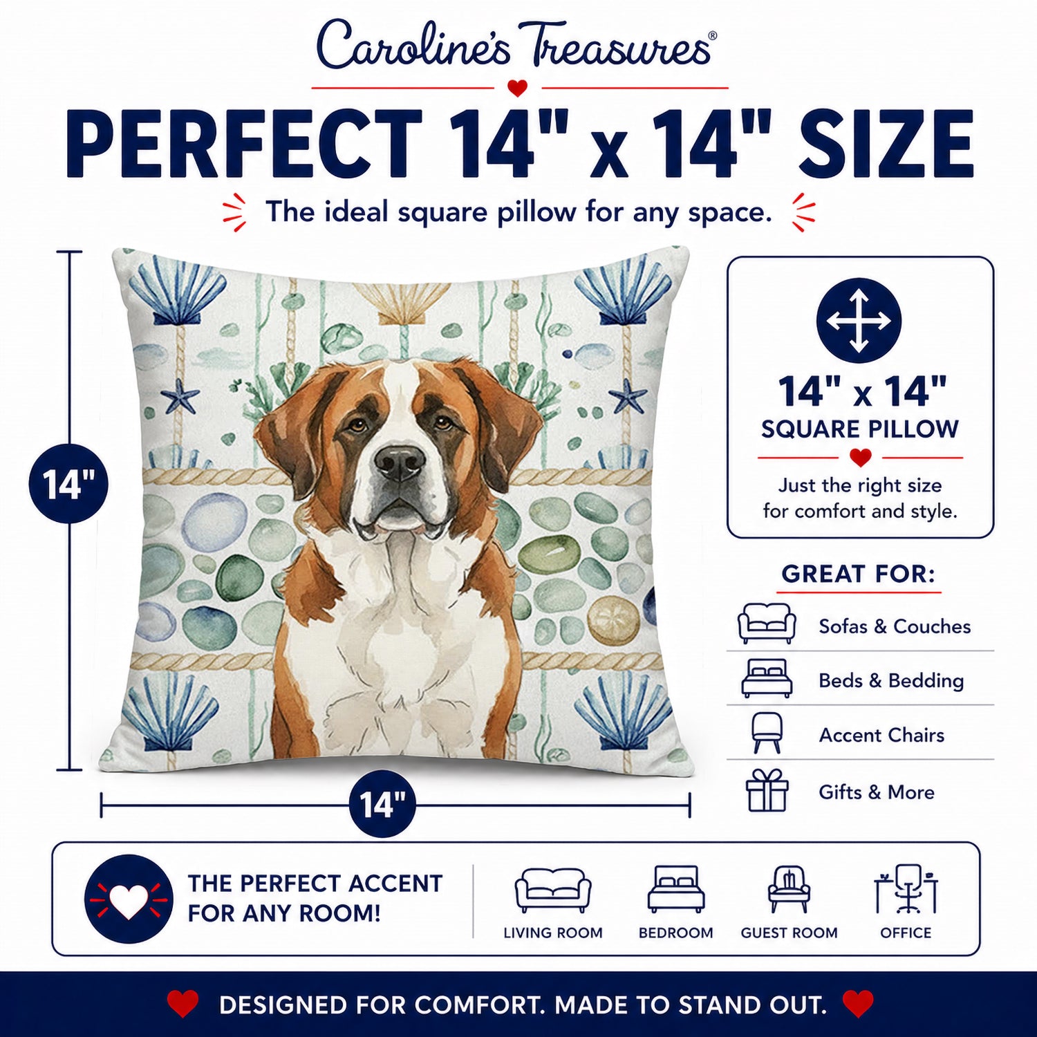 Brown and White Saint Bernard Coastal Sea Glass Decorative Throw Pillow 14x14 Indoor Outdoor Accent Cushion, Fabric Cover with Insert for Sofa, Bed, Porch & Living Room