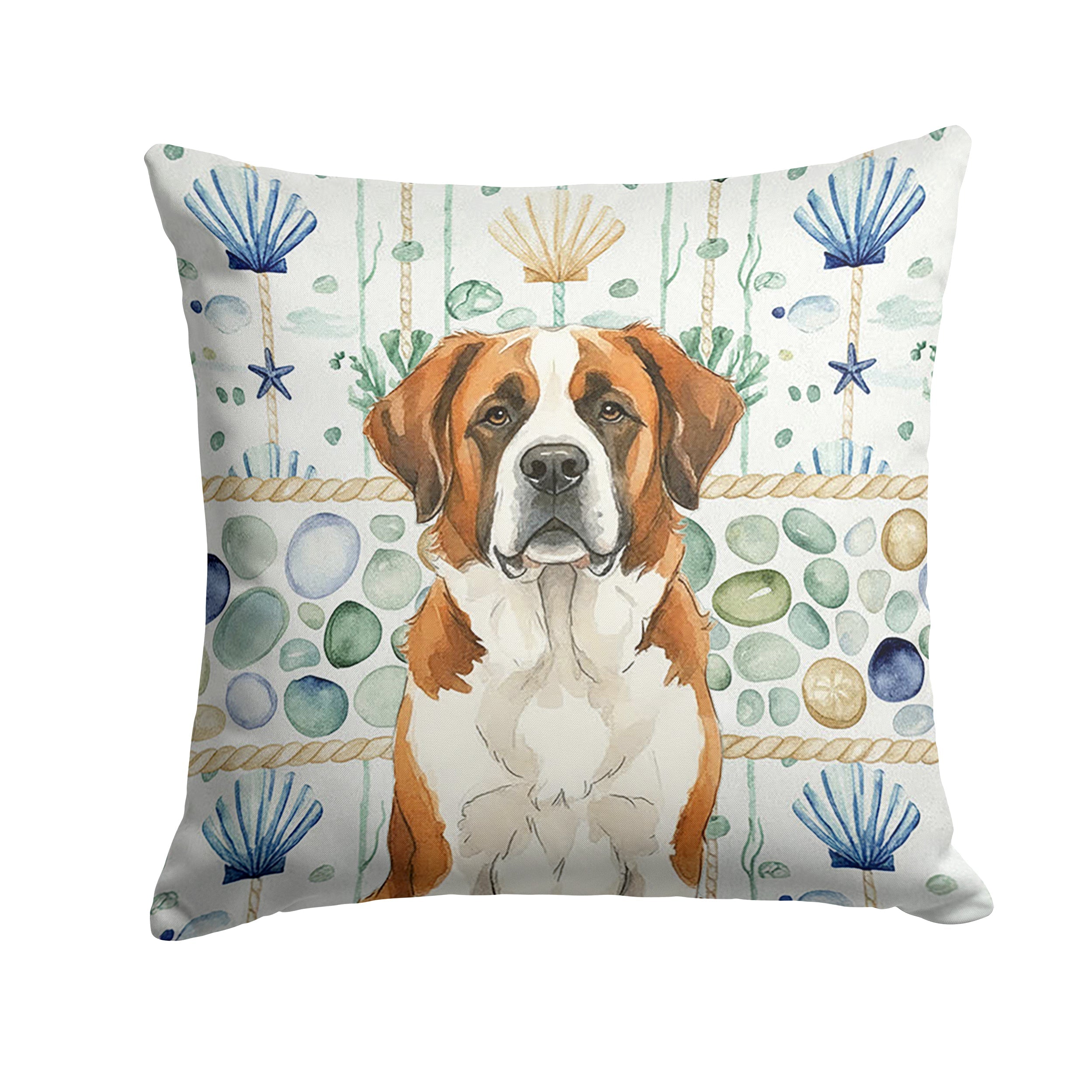 Brown and White Saint Bernard Coastal Sea Glass Decorative Throw Pillow 14x14 Indoor Outdoor Accent Cushion, Fabric Cover with Insert for Sofa, Bed, Porch & Living Room