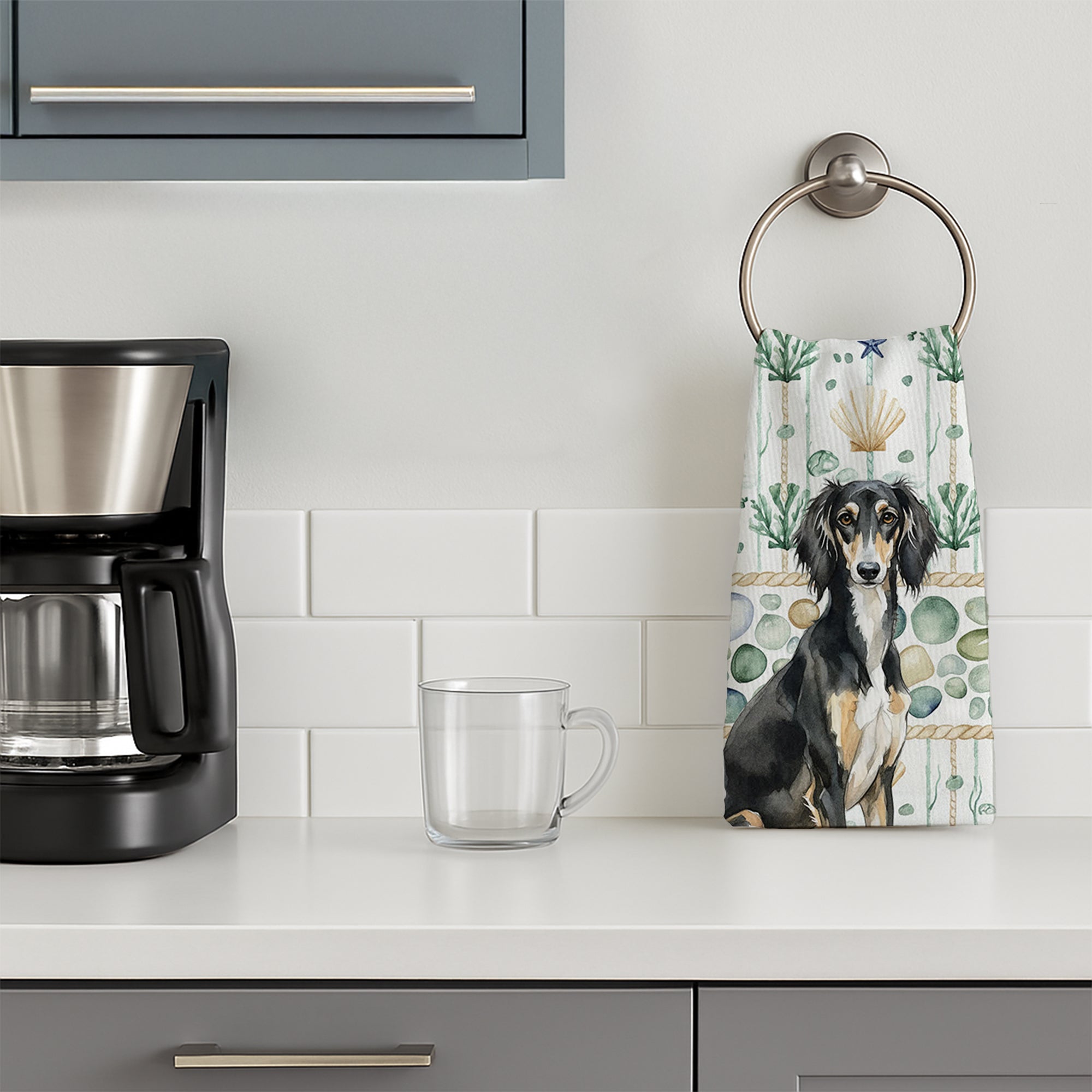 Black and Tan Saluki Coastal Sea Glass Kitchen Towel Velour Plush Front and Cotton Loop Back Machine Washable