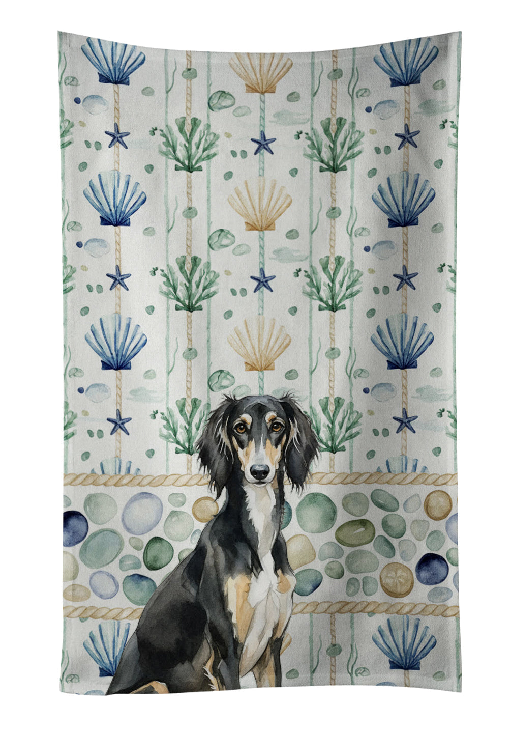 Black and Tan Saluki Coastal Sea Glass Kitchen Towel Velour Plush Front and Cotton Loop Back Machine Washable