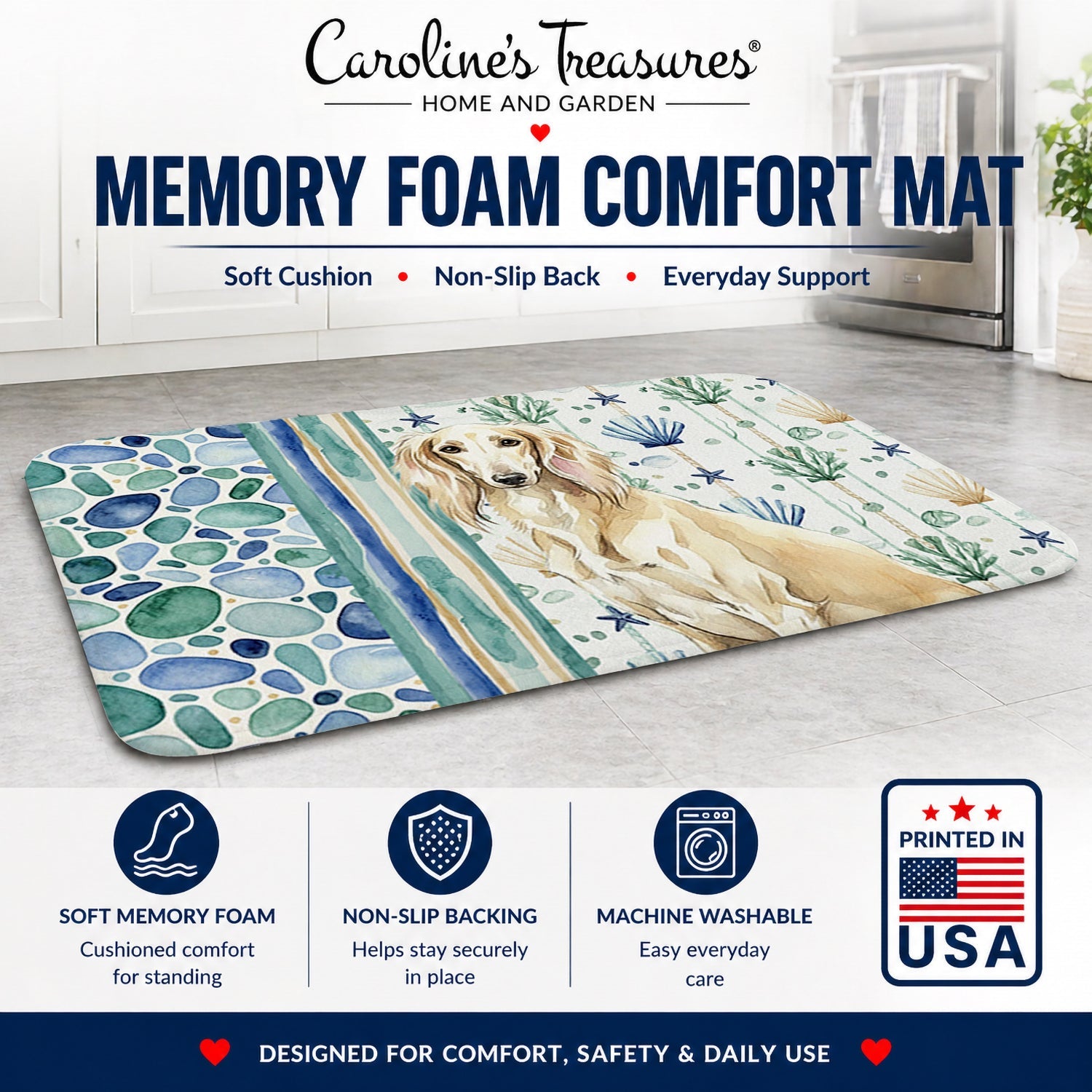 Cream Saluki Coastal Sea Glass Memory Foam Kitchen Mat Machine Washable Anti-Fatigue Cushion Comfort Bath or Kitchen Rug